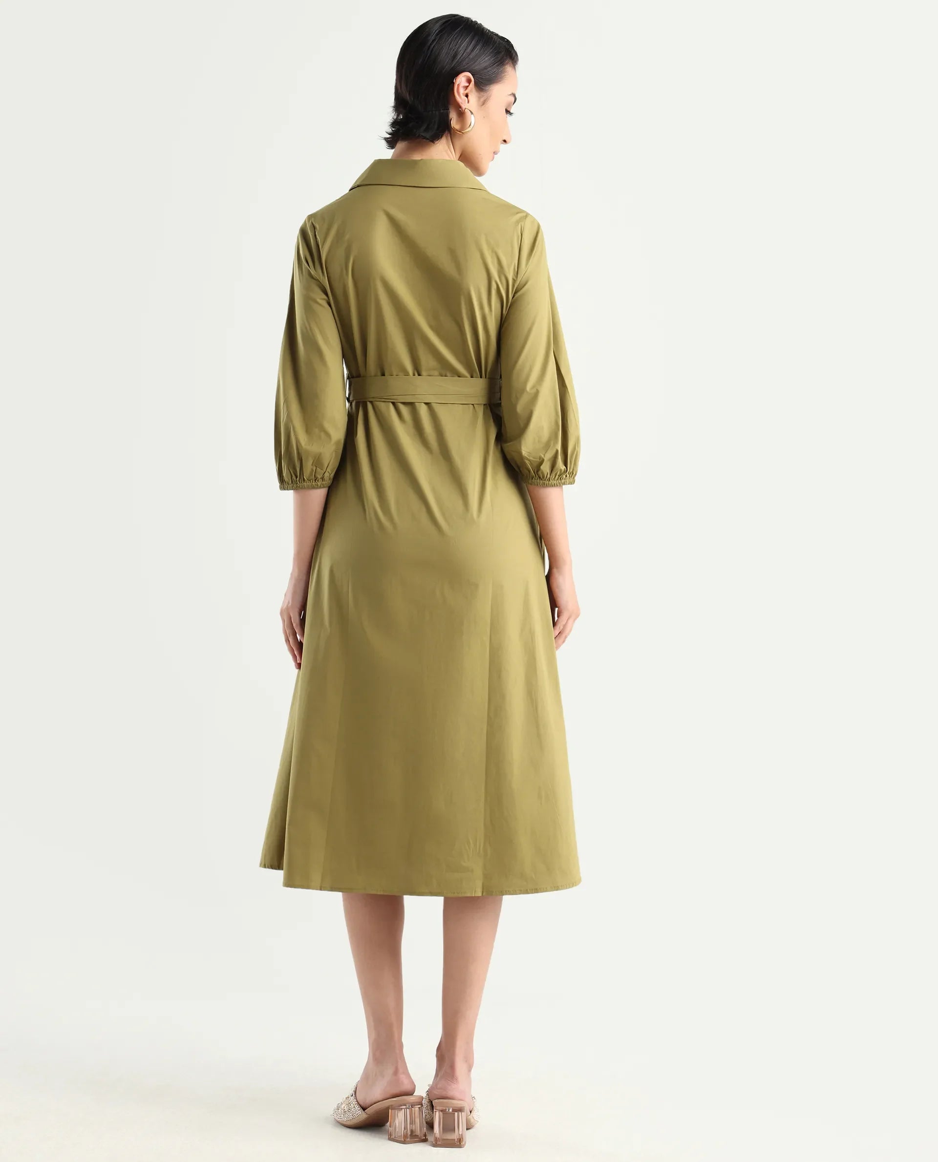 Rareism Women's Desal Olive Cotton Blend Drop Collar Plain Bishop Sleeve Midi Flared Dress