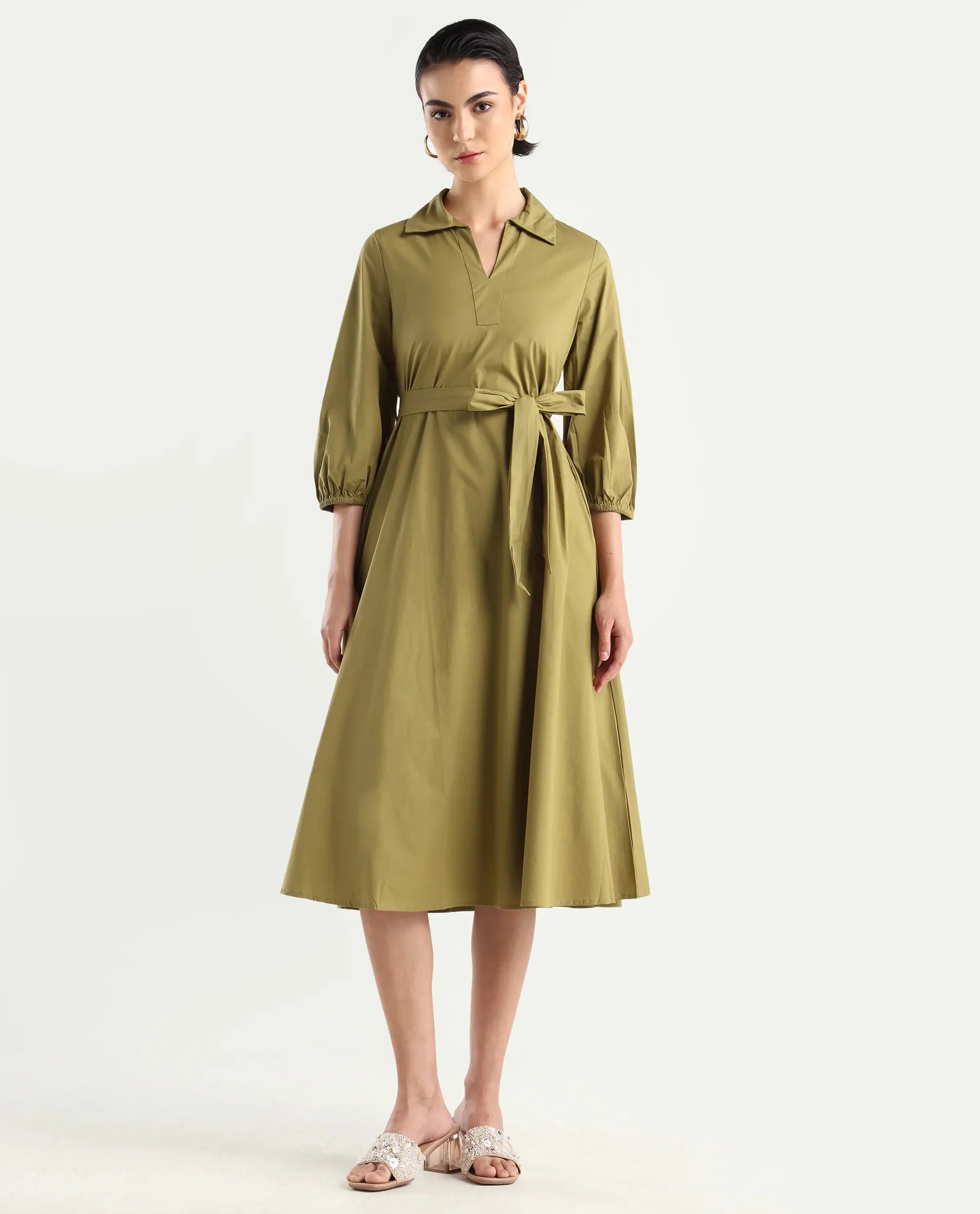 Rareism Women's Desal Olive Cotton Blend Drop Collar Plain Bishop Sleeve Midi Flared Dress