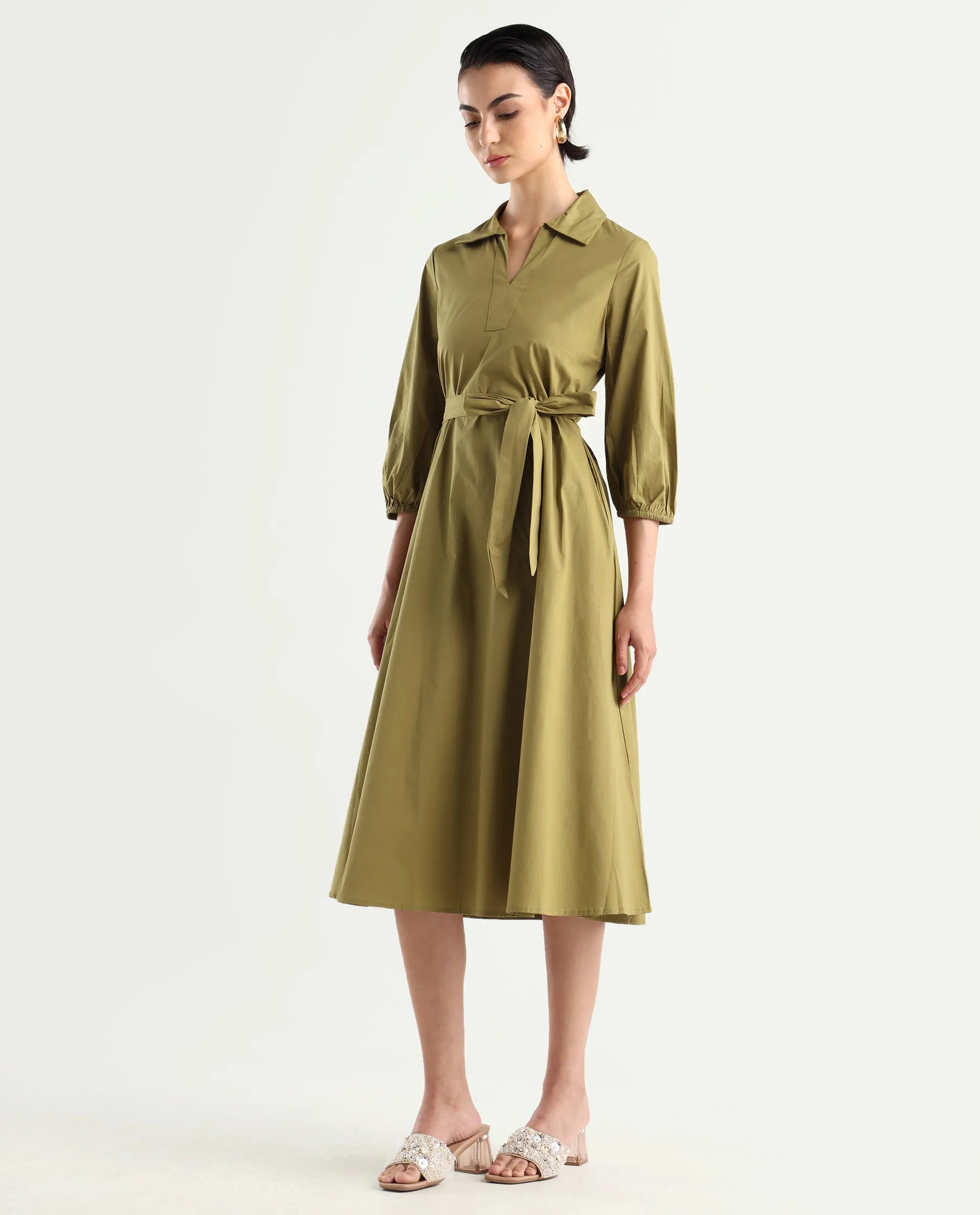 Rareism Women's Desal Olive Cotton Blend Drop Collar Plain Bishop Sleeve Midi Flared Dress
