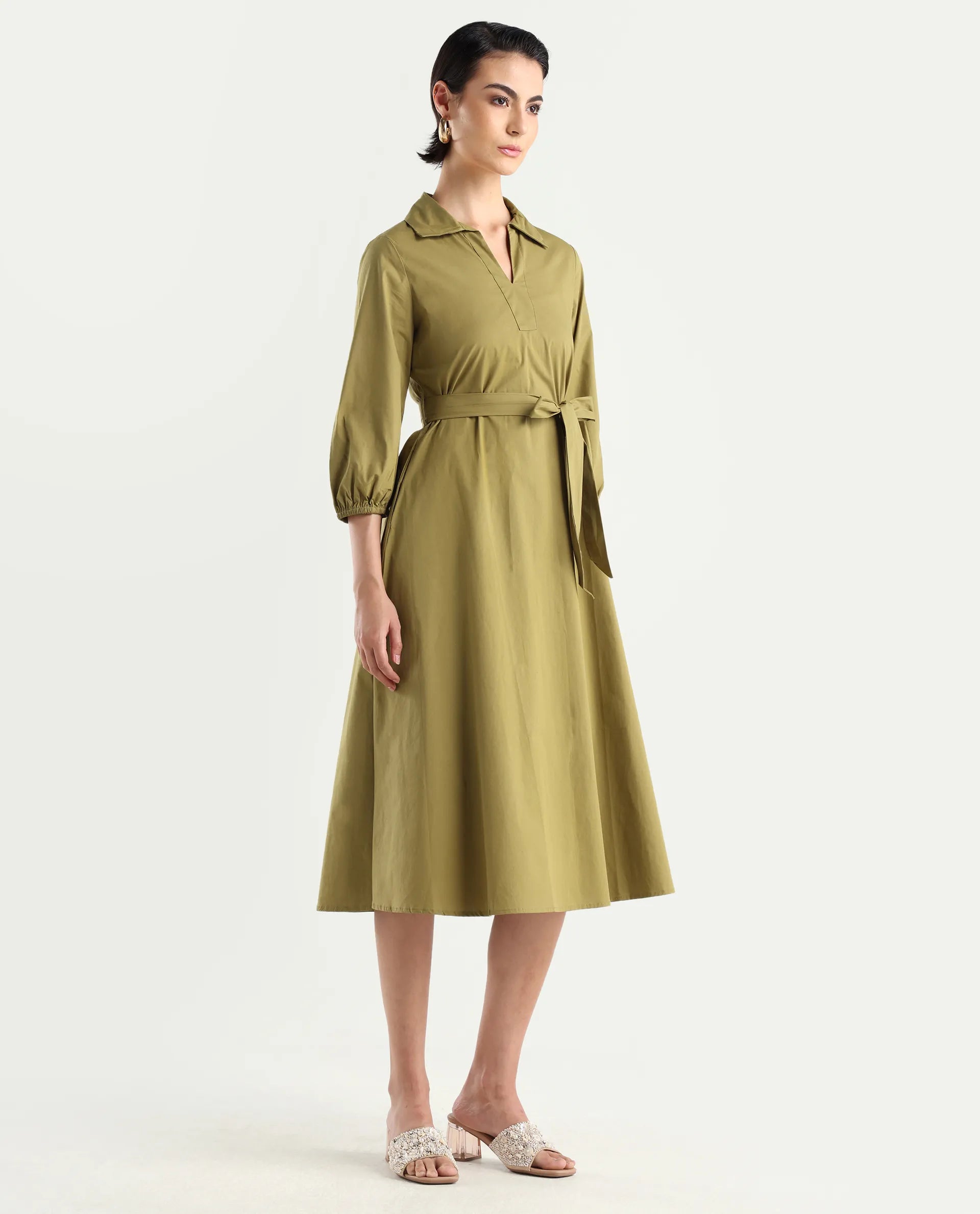 Rareism Women's Desal Olive Cotton Blend Drop Collar Plain Bishop Sleeve Midi Flared Dress
