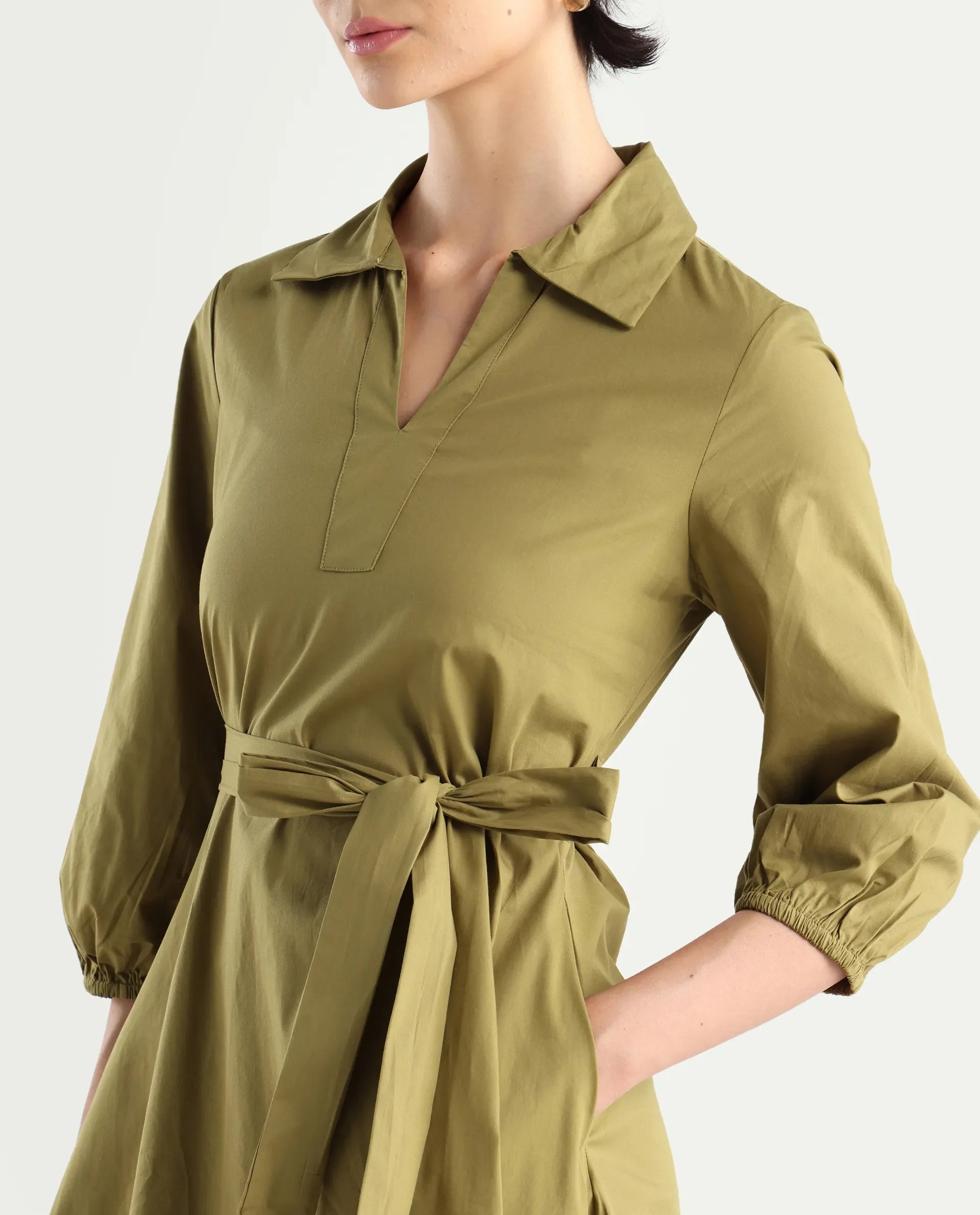 Rareism Women's Desal Olive Cotton Blend Drop Collar Plain Bishop Sleeve Midi Flared Dress