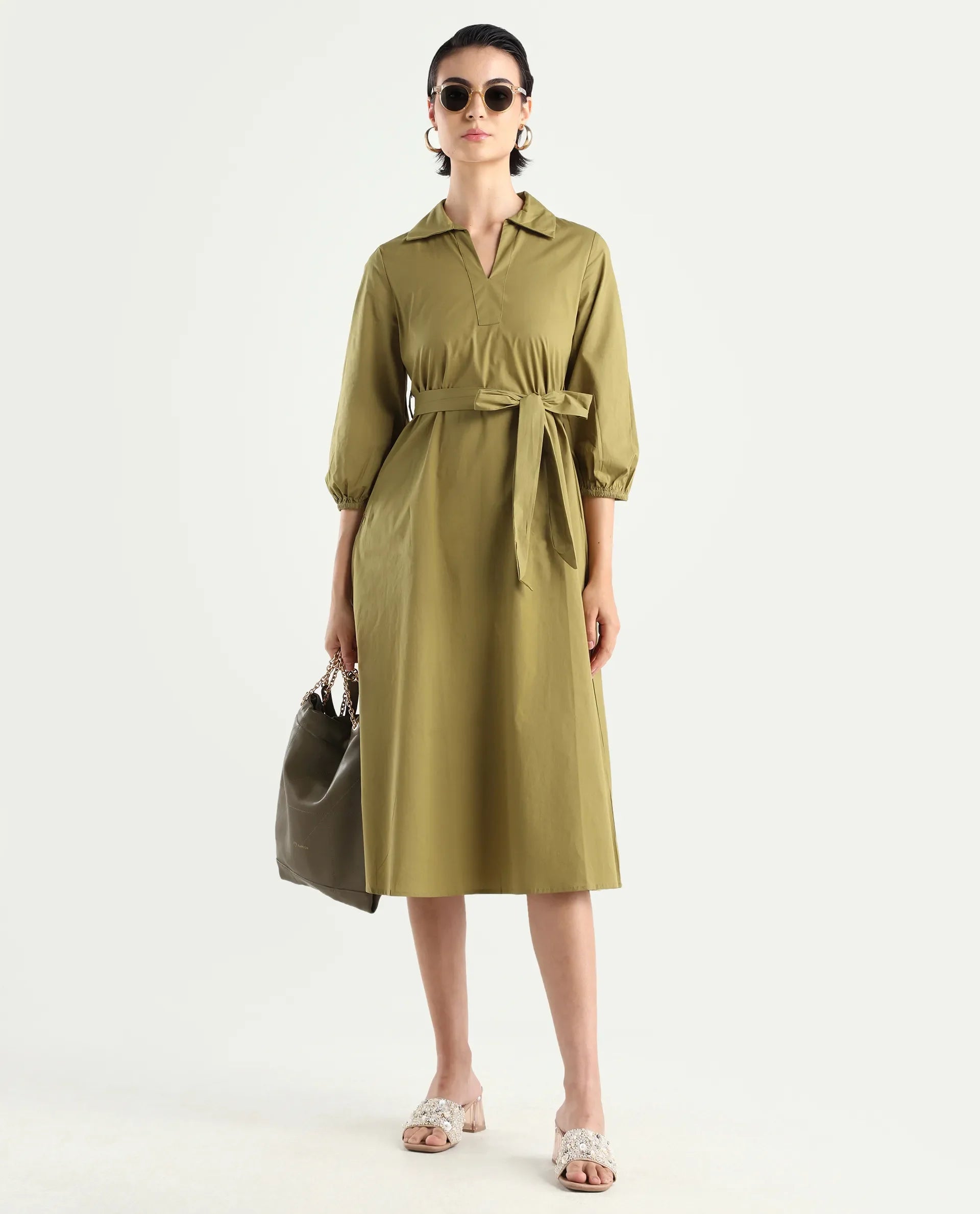 Rareism Women's Desal Olive Cotton Blend Drop Collar Plain Bishop Sleeve Midi Flared Dress