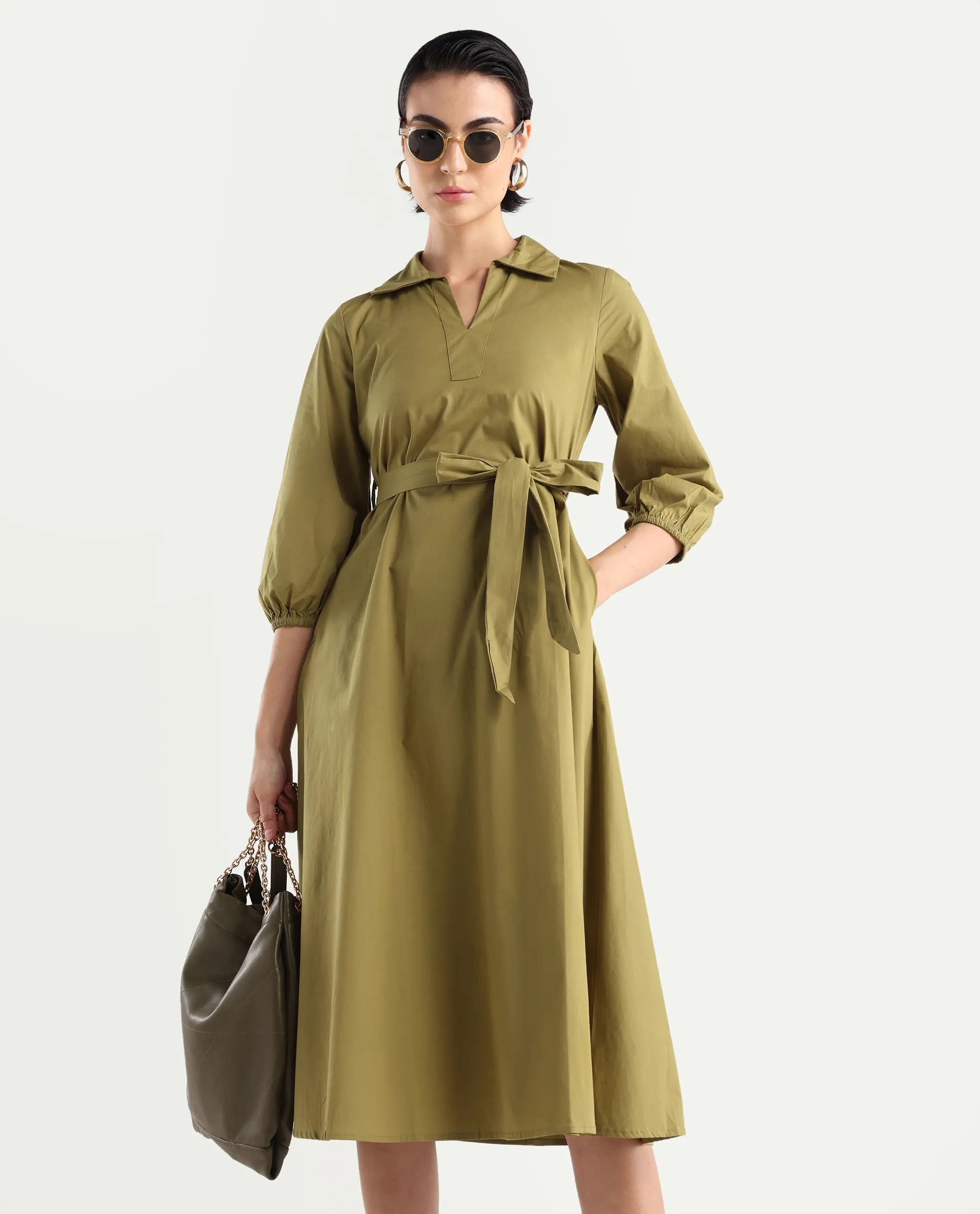 Rareism Women's Desal Olive Cotton Blend Drop Collar Plain Bishop Sleeve Midi Flared Dress