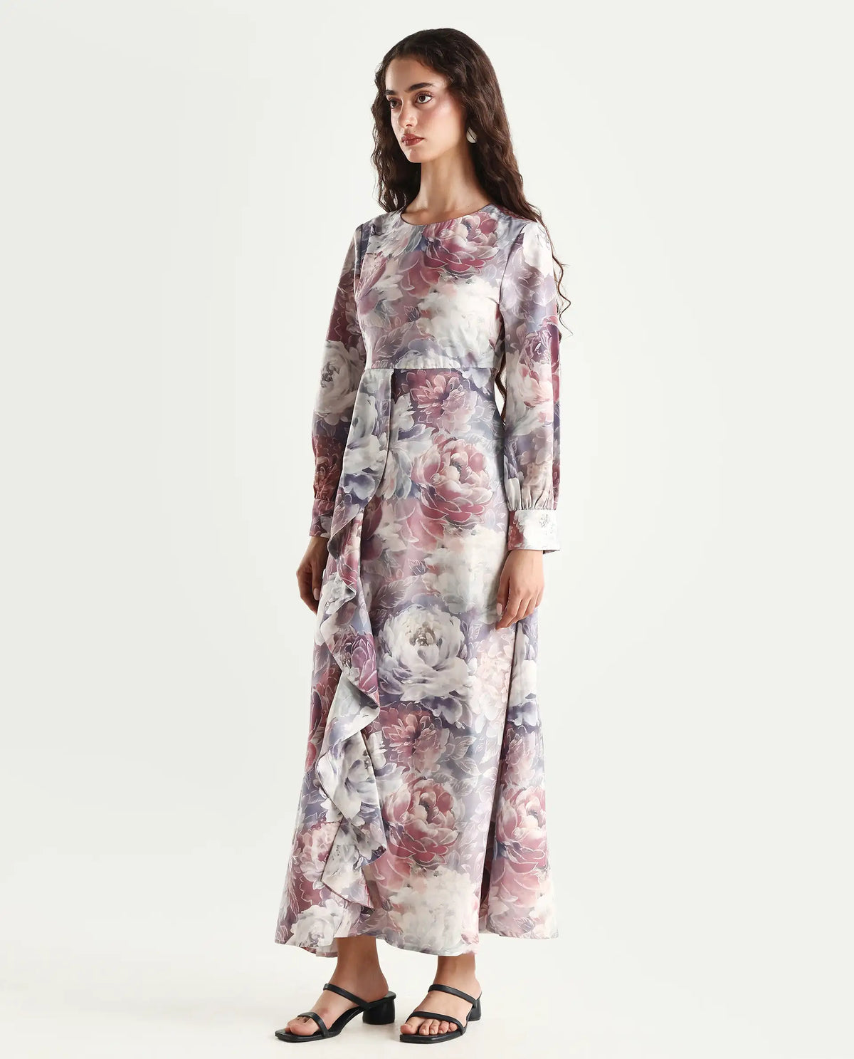 Rareism Women's Vienne Light Multi Satin Round Neck Floral Print Puff Sleeves Maxi Flared Dress