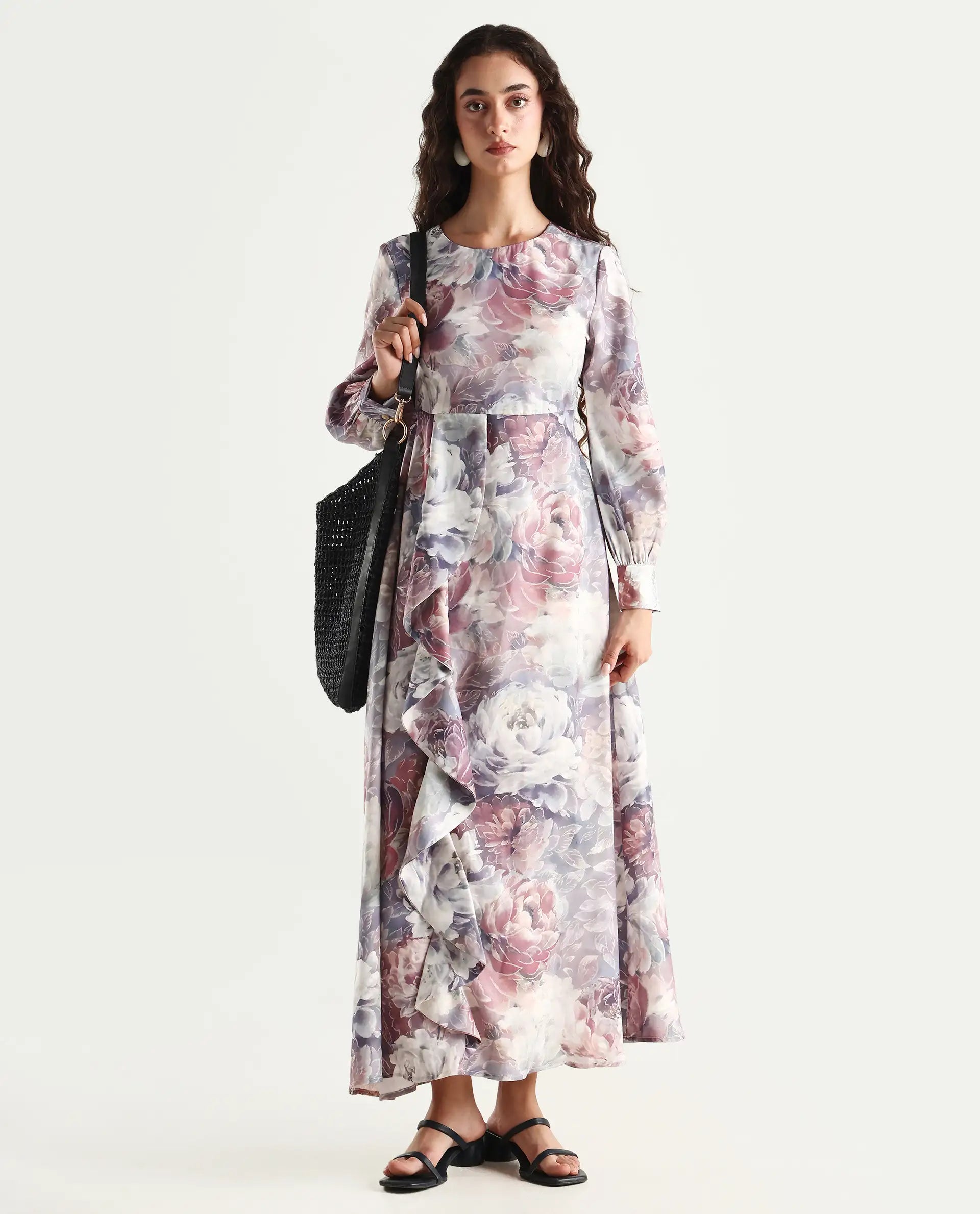 Rareism Women's Vienne Light Multi Satin Round Neck Floral Print Puff Sleeves Maxi Flared Dress
