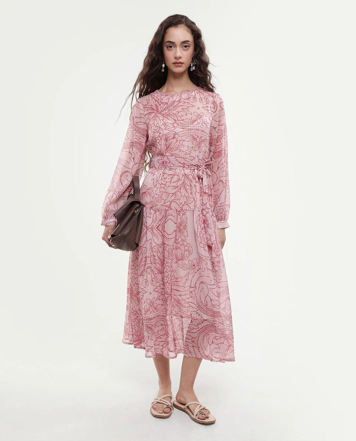 Rareism Women's Polima Multi Cotton Round Neck Abstract Print Bishop Sleeve Midi Flared Dress