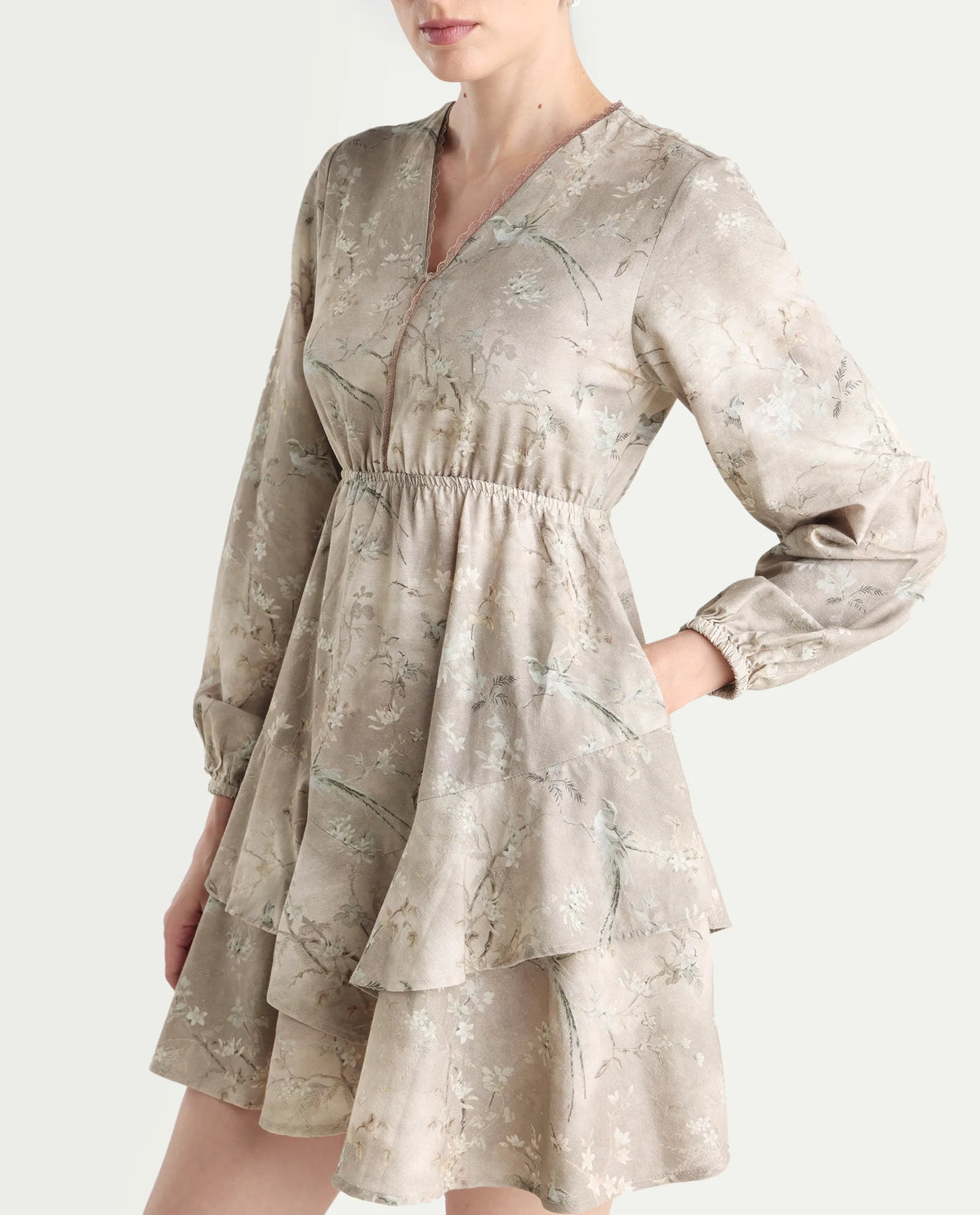 Rareism Women's Wesdure Beige Rayon V-Neck Floral Print Bishop Sleeve Knee Length Fit And Flare Dress