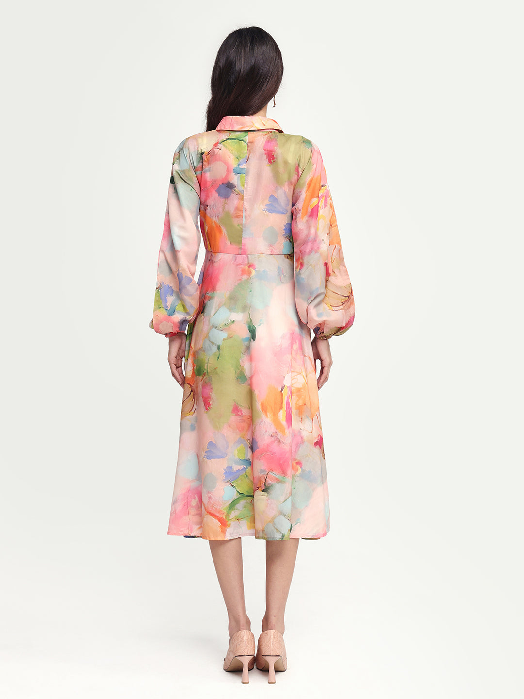 Rareism Women's Rhun Multi Polyester Blend Spread Collar Abstract Print Cuffed Sleeve Midi Fit And Flare Dress