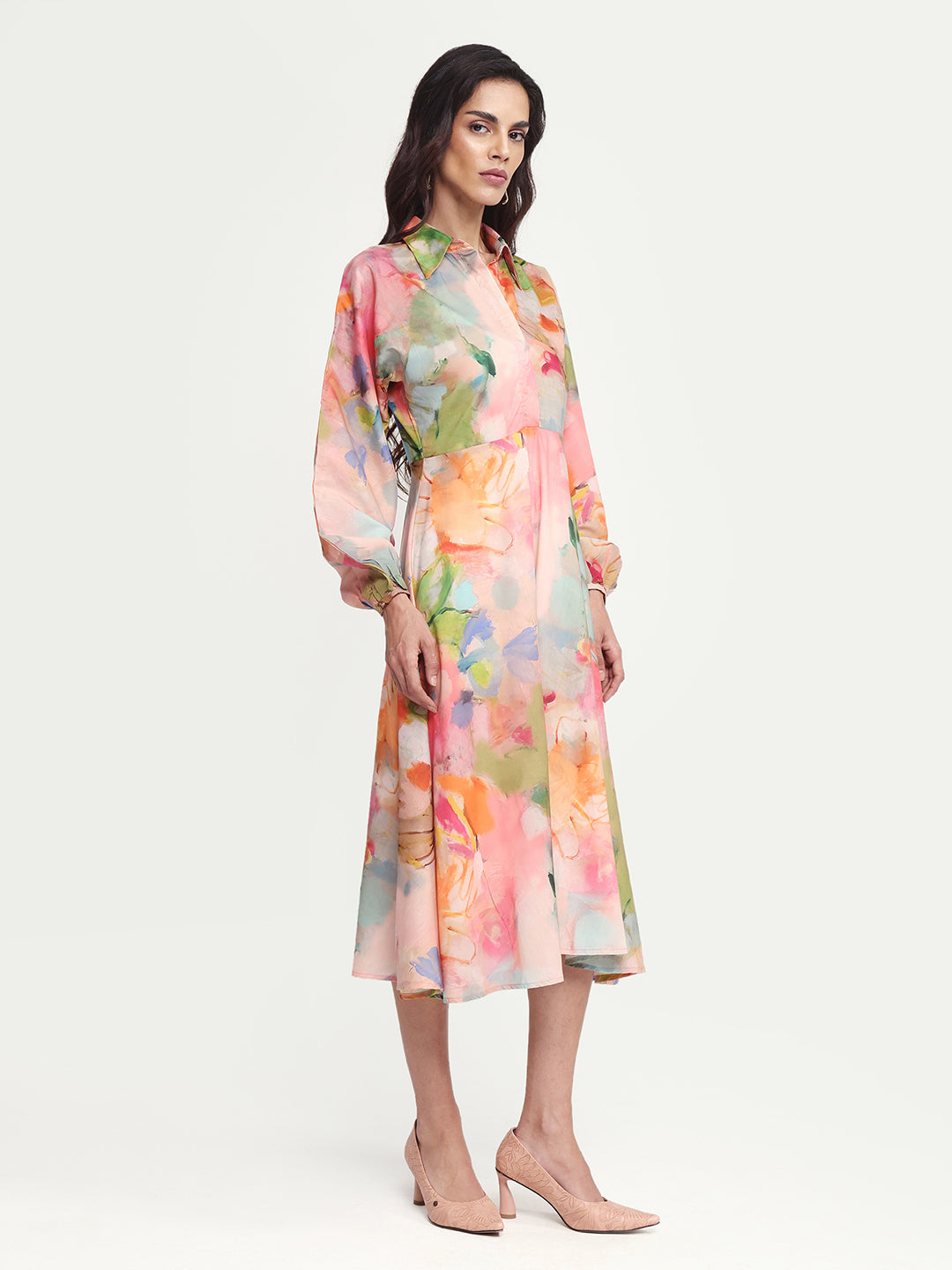 Rareism Women's Rhun Multi Polyester Blend Spread Collar Abstract Print Cuffed Sleeve Midi Fit And Flare Dress