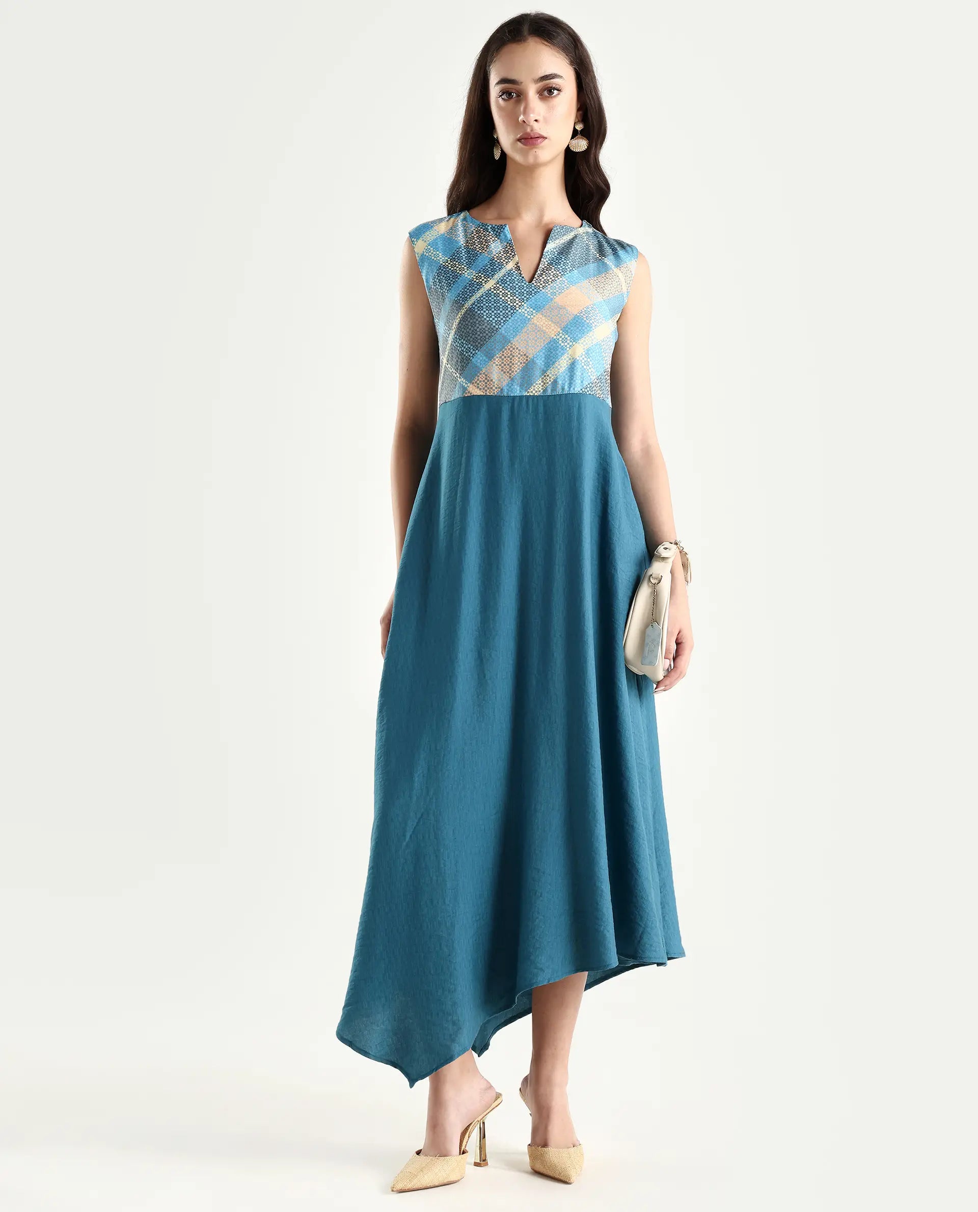 Rareism Women's Riskal Blue Cotton Round Neck Flannel Print Sleeveless Maxi Fit And Flare Dress