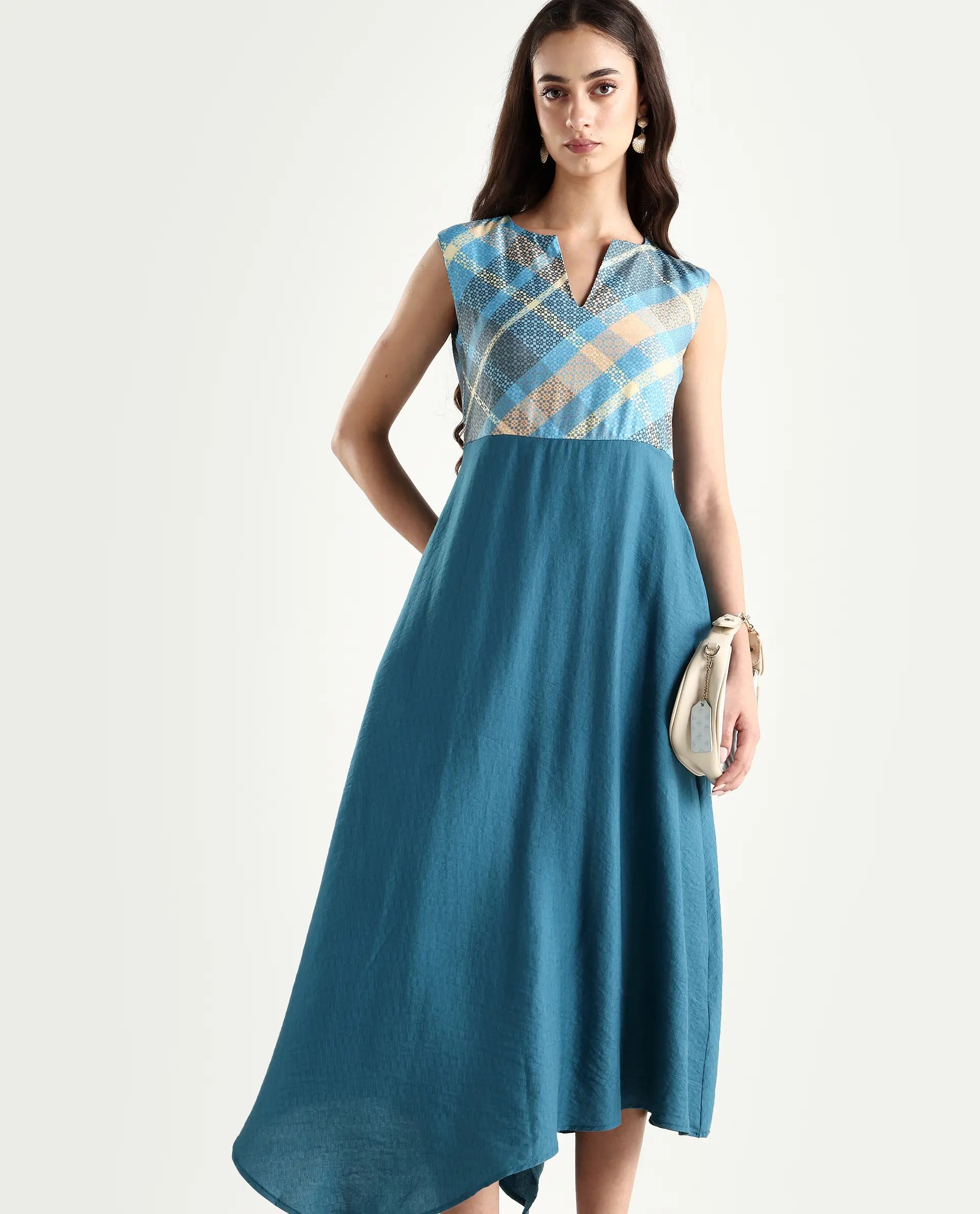 Rareism Women's Riskal Blue Cotton Round Neck Flannel Print Sleeveless Maxi Fit And Flare Dress