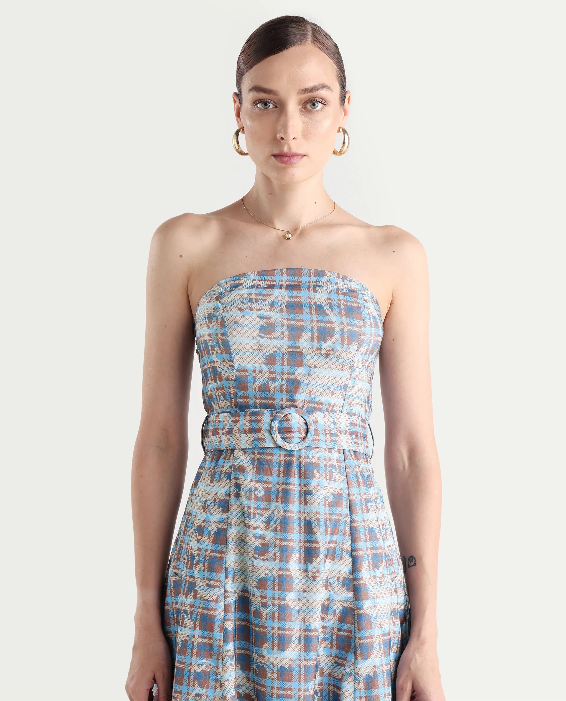 Rareism Women's Yerd Blue Cotton Blend Tube Neck Geometric Print Sleeveless Midi Flared Dress