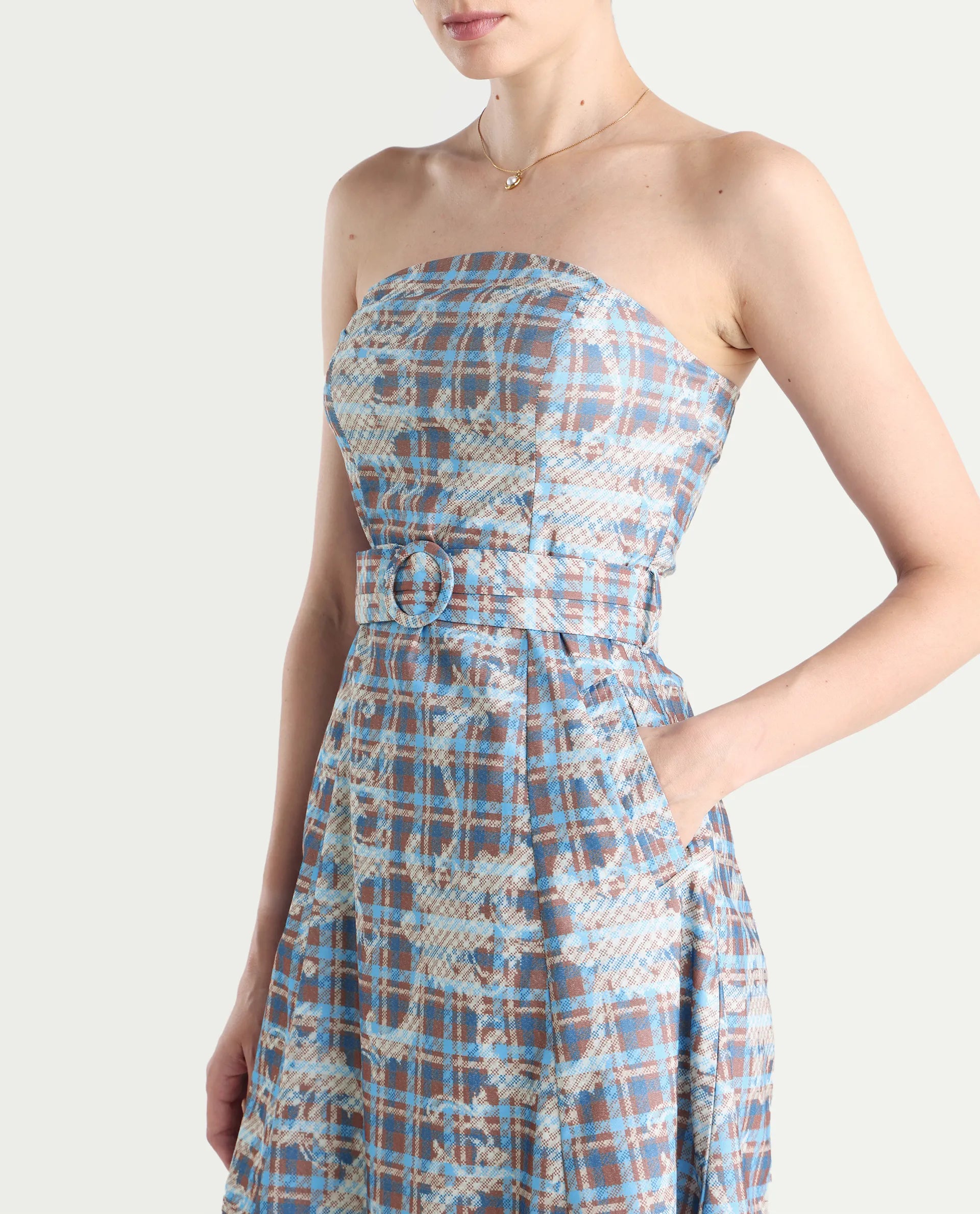Rareism Women's Yerd Blue Cotton Blend Tube Neck Geometric Print Sleeveless Midi Flared Dress