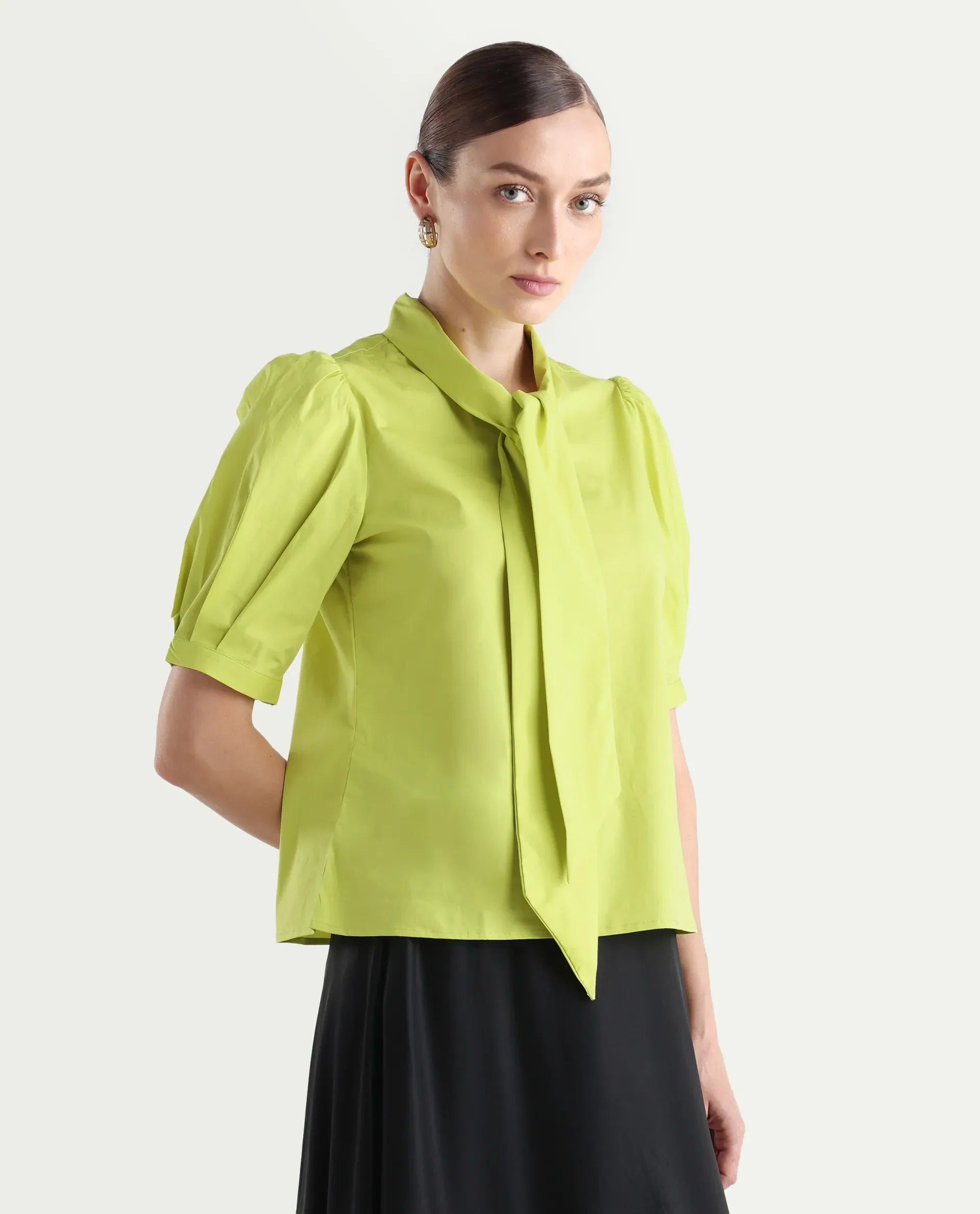 Rareism Women's Kirv Green Cotton Blend Tie-Up Neck Plain Bishop Sleeve Regular Fit Top