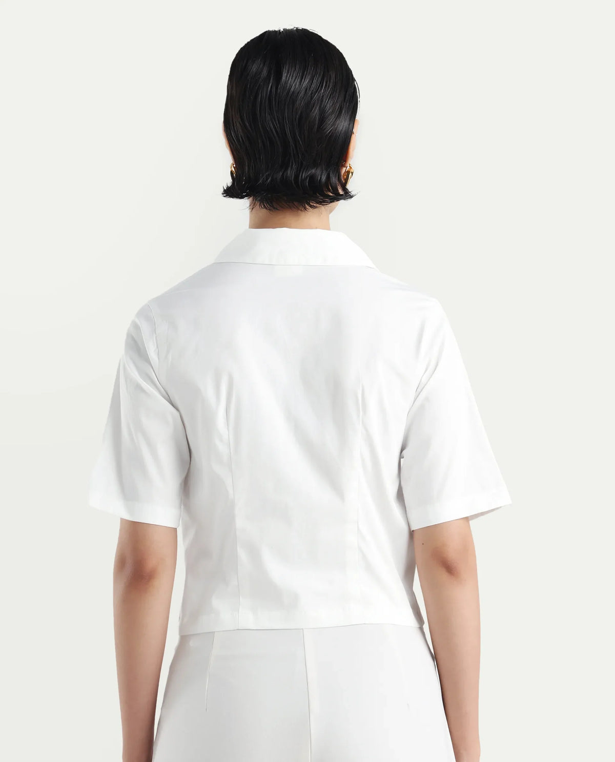 Rareism Women's Seui White Cotton Blend Lapel Neck Plain Crop Boxy Fit Top