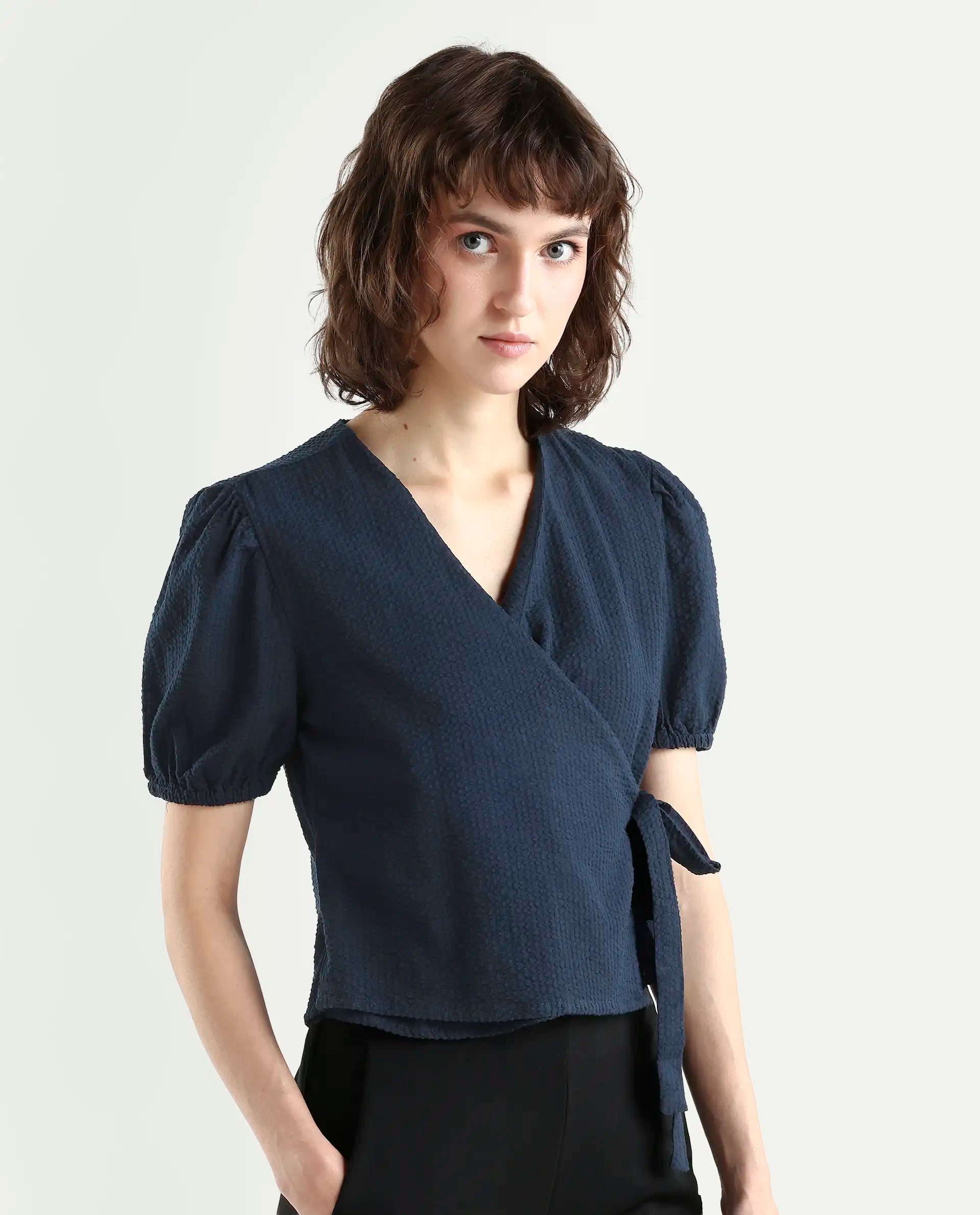 Rareism Women's Serem Navy Cotton V-Neck Plain Bishop Sleeve Regular Fit Top