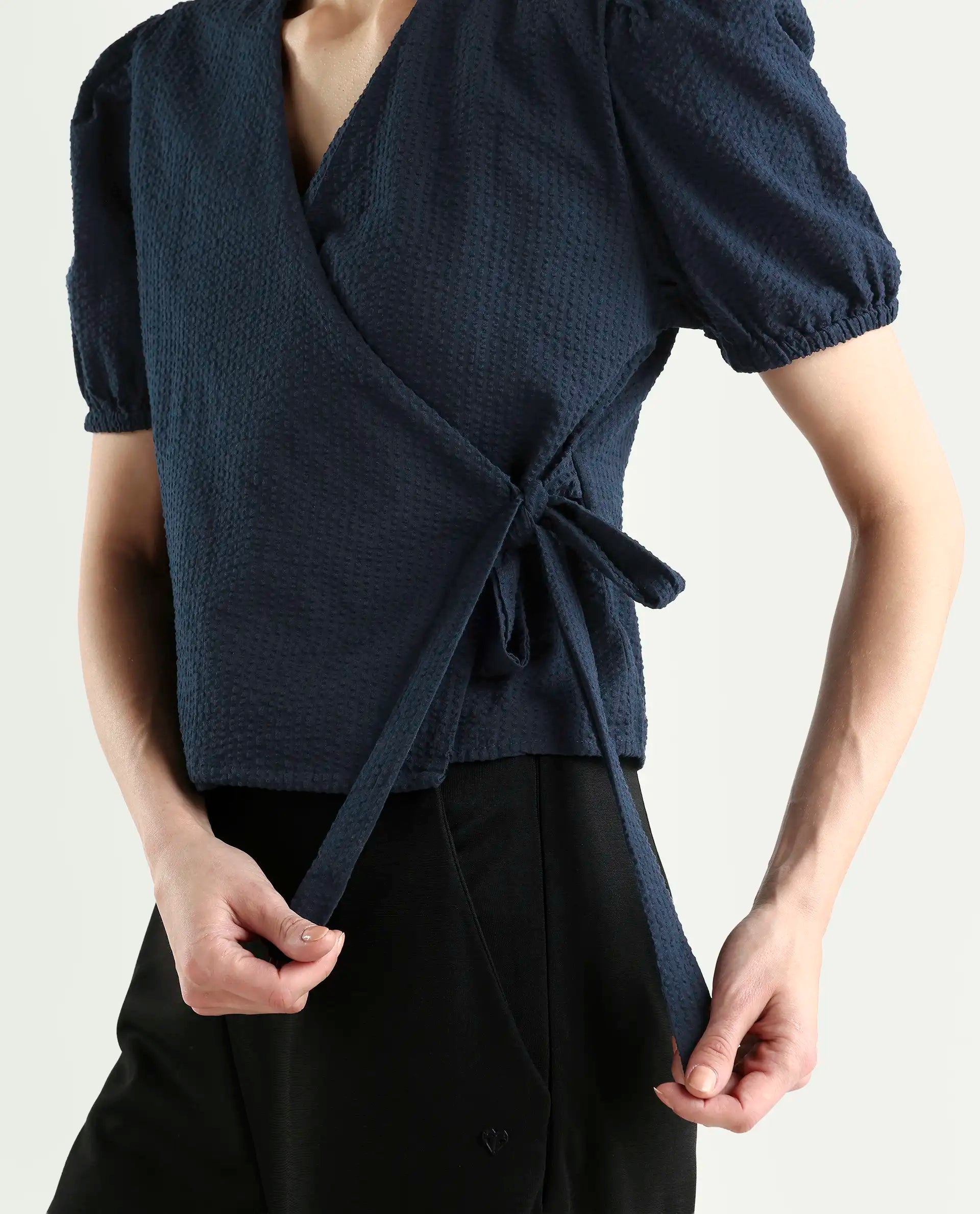 Rareism Women's Serem Navy Cotton V-Neck Plain Bishop Sleeve Regular Fit Top