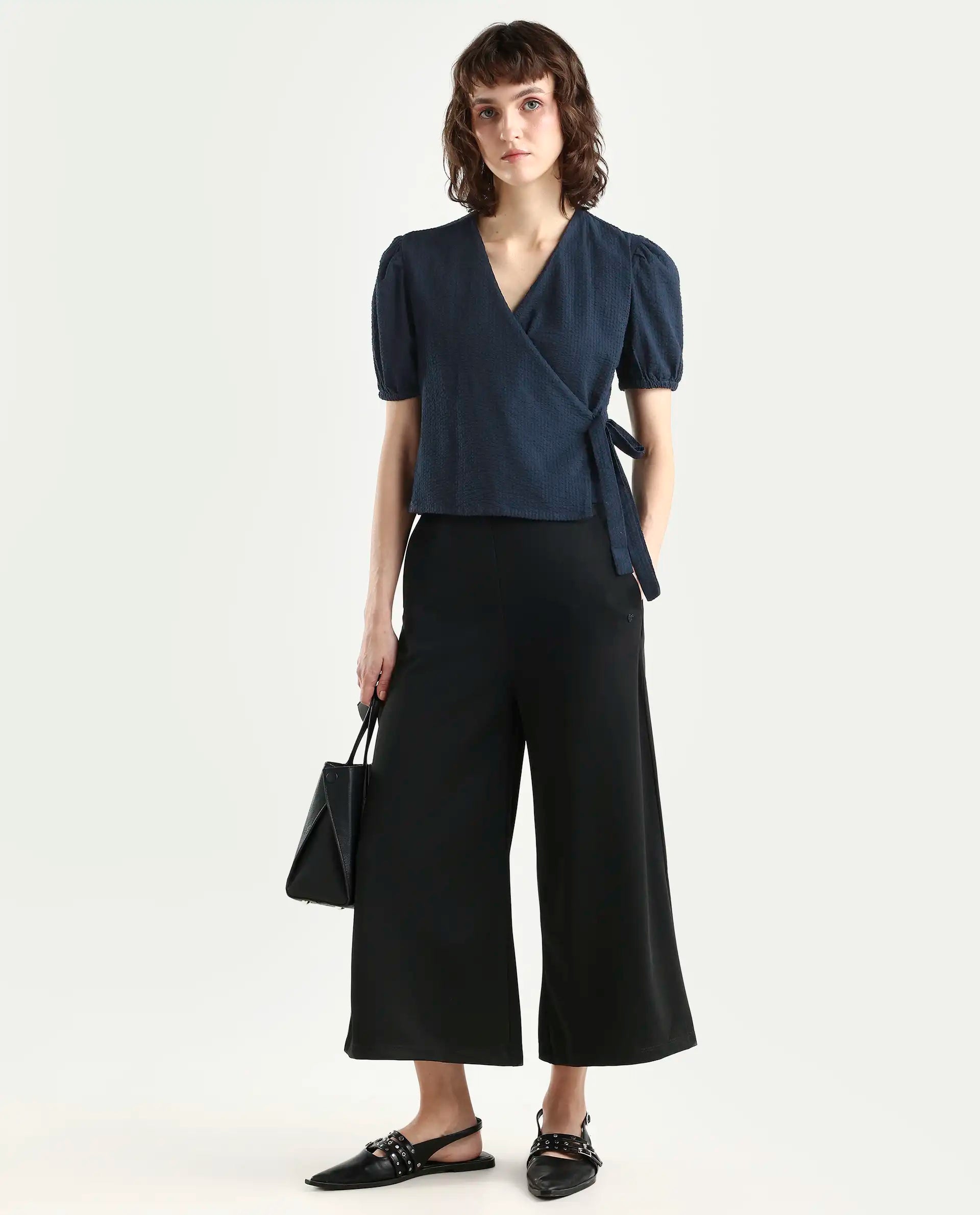 Rareism Women's Serem Navy Cotton V-Neck Plain Bishop Sleeve Regular Fit Top