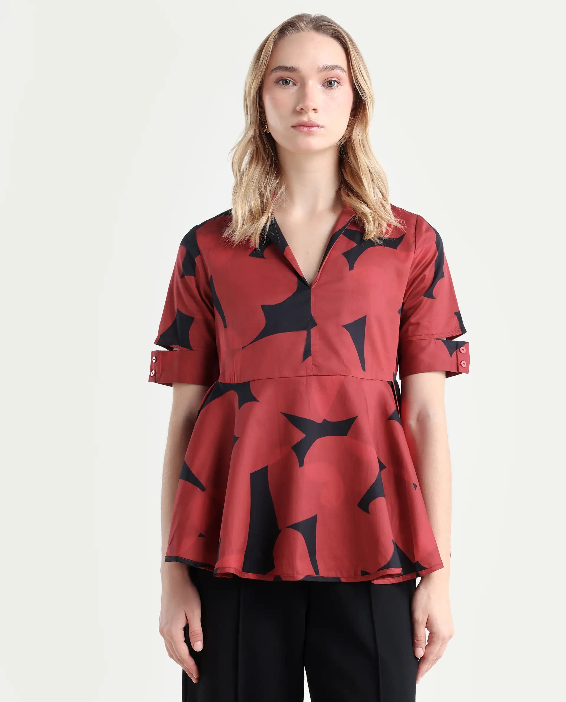Rareism Women's Yoplopi Black Cotton Blend Lapel Neck Abstract Print Cutout Sleeve A-Line Top