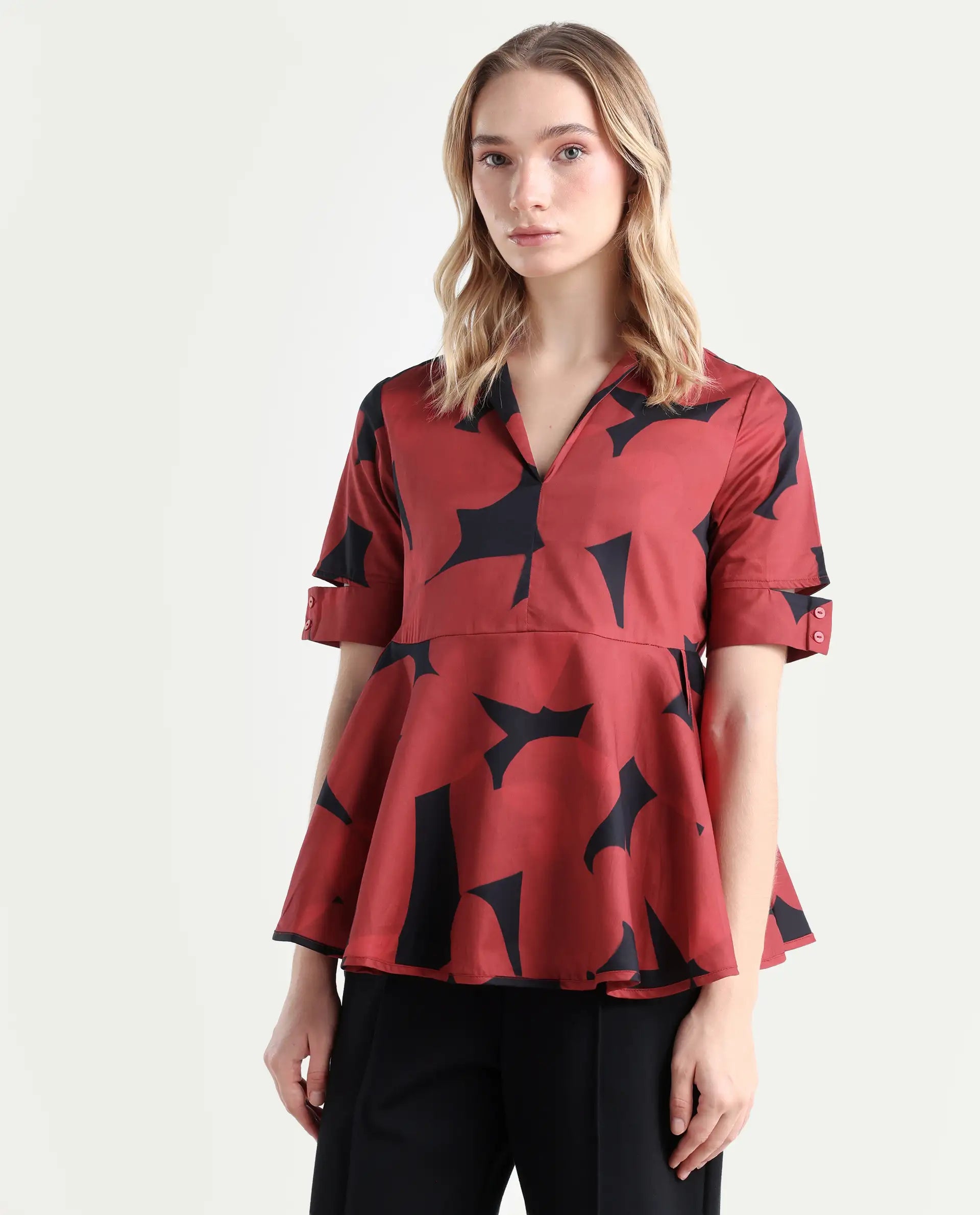 Rareism Women's Yoplopi Black Cotton Blend Lapel Neck Abstract Print Cutout Sleeve A-Line Top