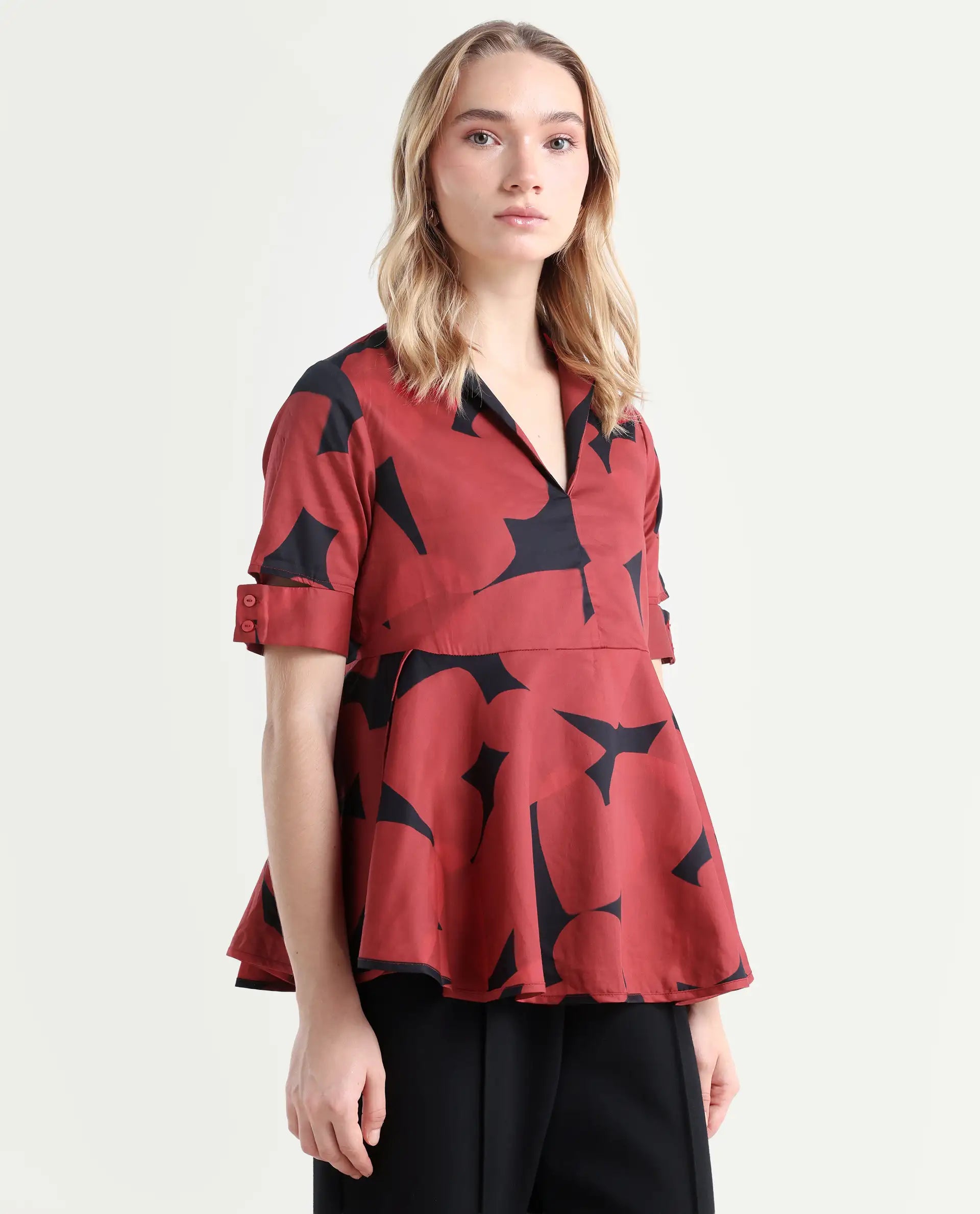 Rareism Women's Yoplopi Black Cotton Blend Lapel Neck Abstract Print Cutout Sleeve A-Line Top