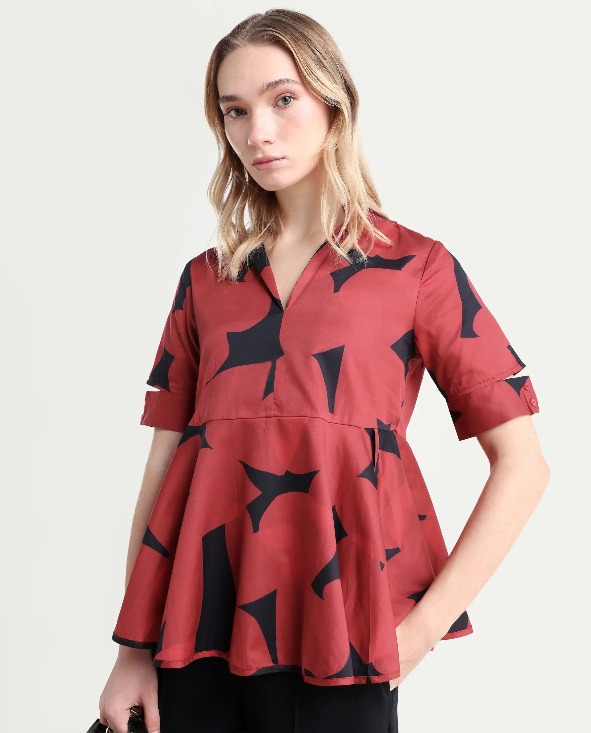 Rareism Women's Yoplopi Black Cotton Blend Lapel Neck Abstract Print Cutout Sleeve A-Line Top