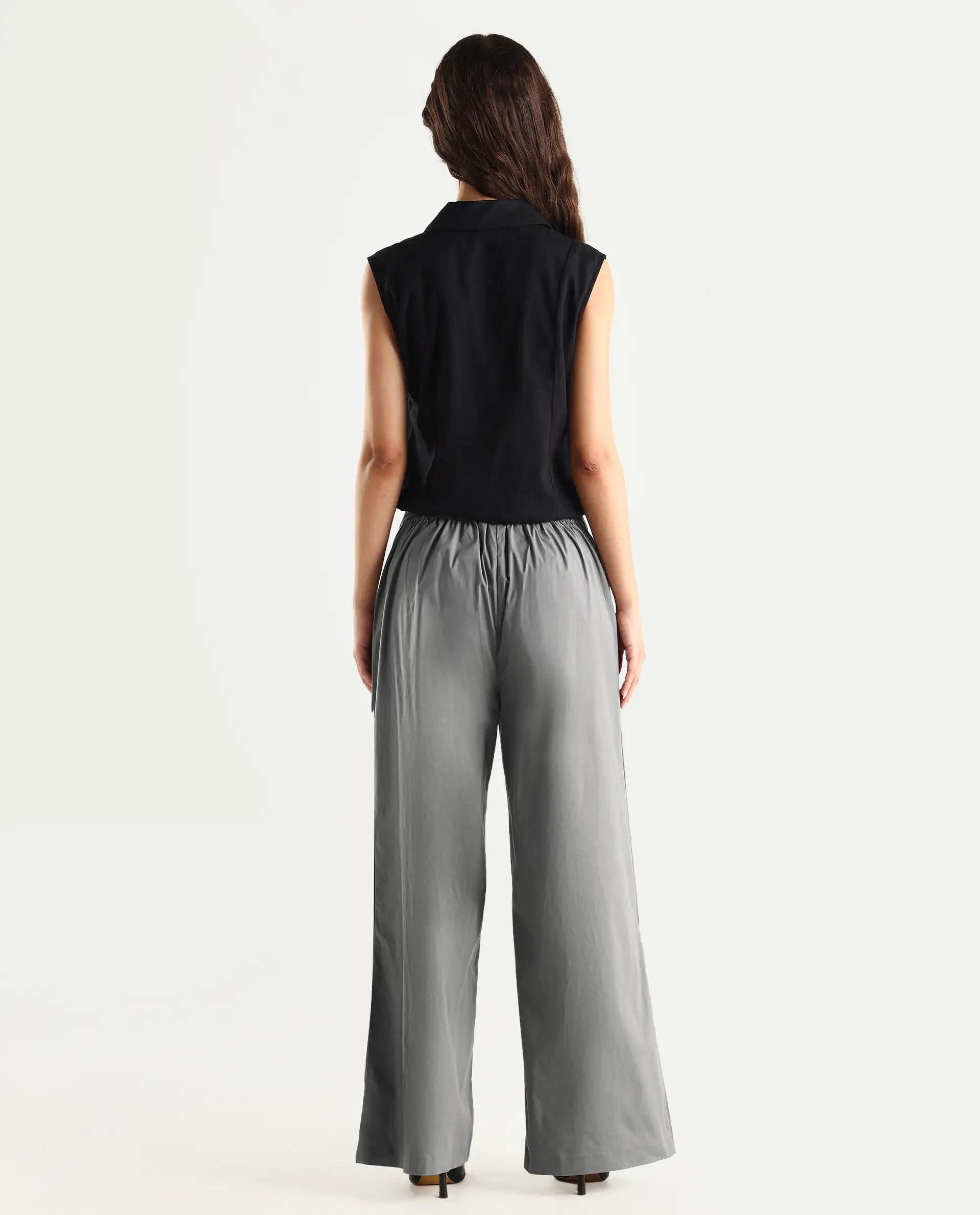 Rareism Women's Oipi Grey Cotton Blend Plain Ankle Length Wide Trouser