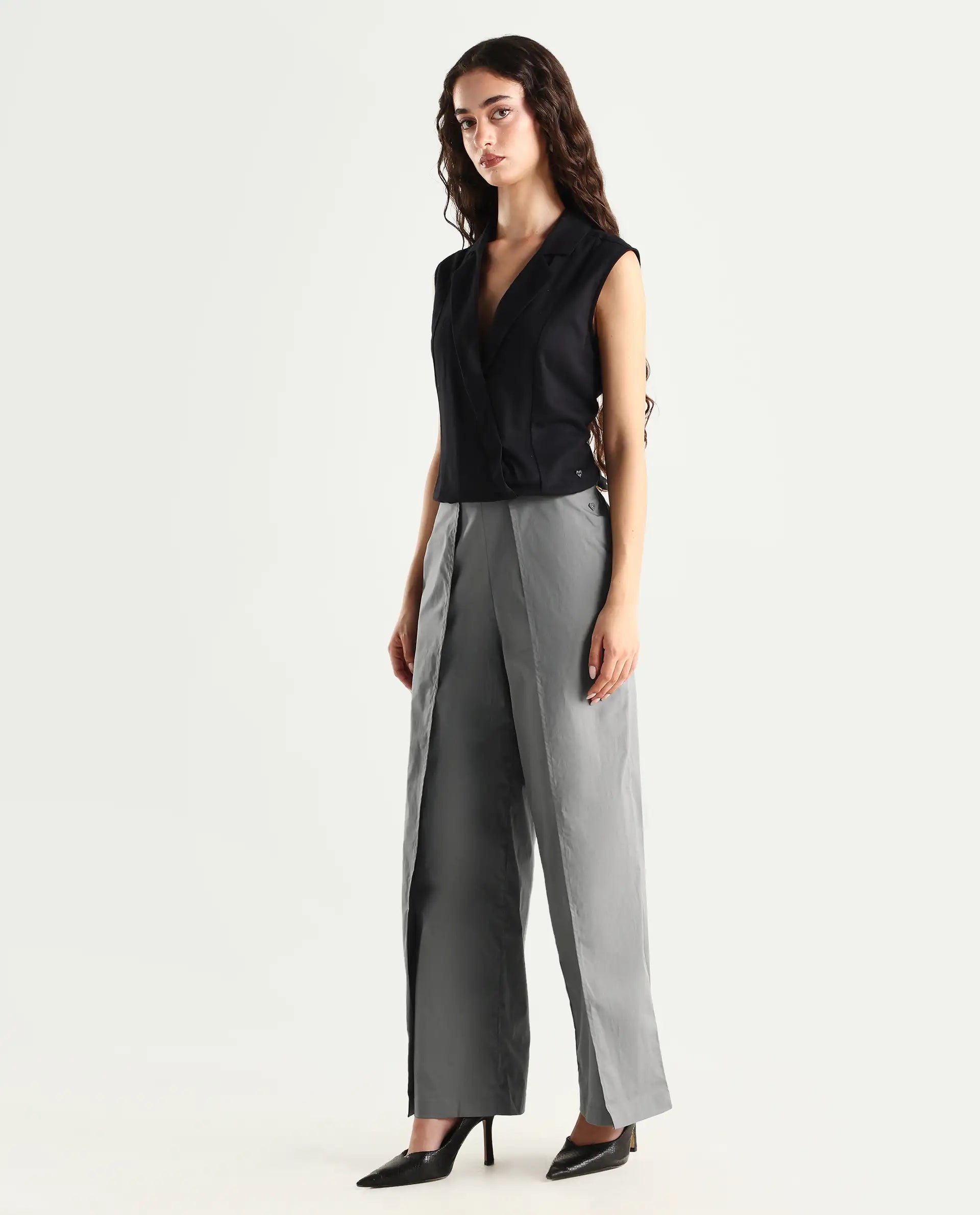 Rareism Women's Oipi Grey Cotton Blend Plain Ankle Length Wide Trouser