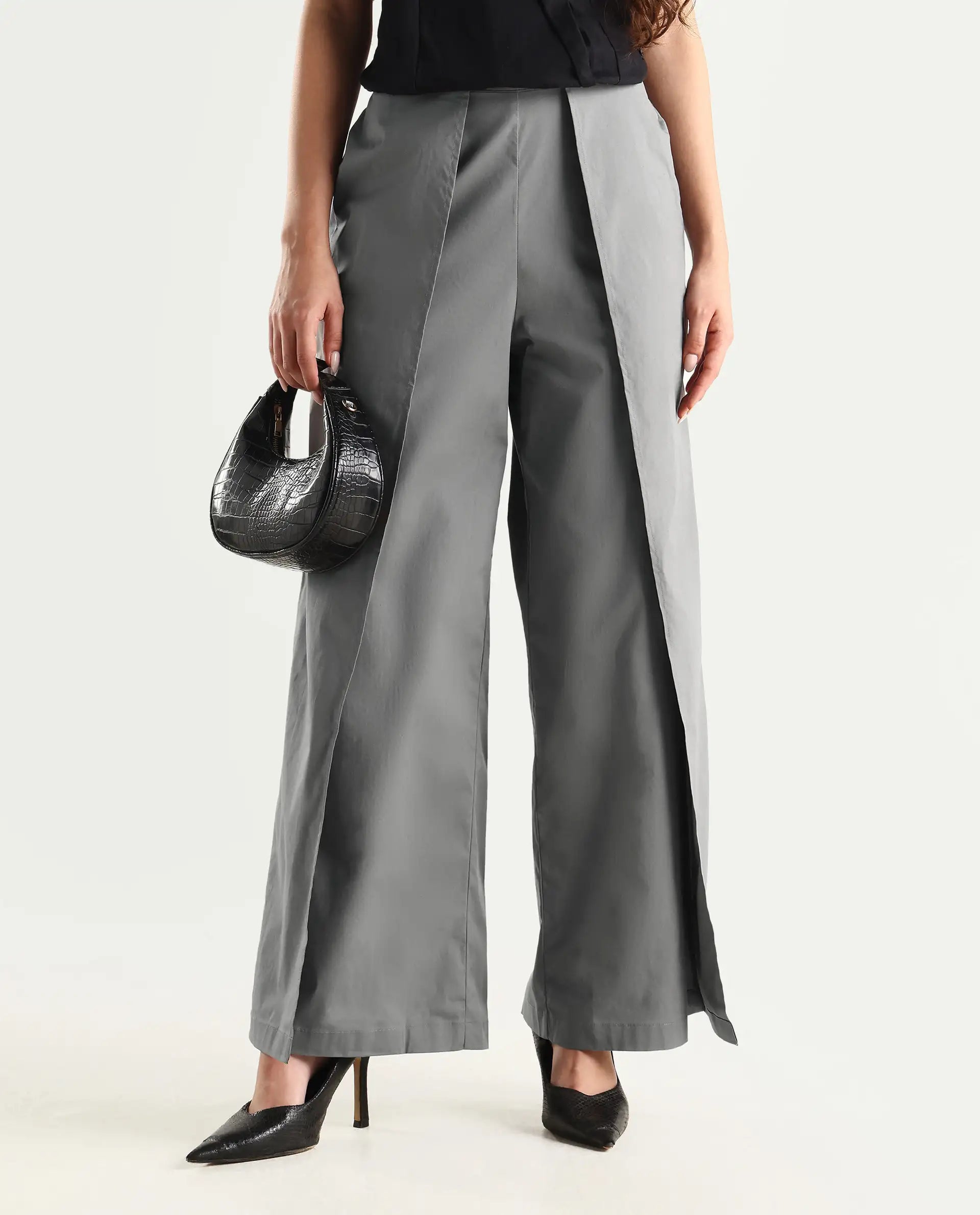 Rareism Women's Oipi Grey Cotton Blend Plain Ankle Length Wide Trouser