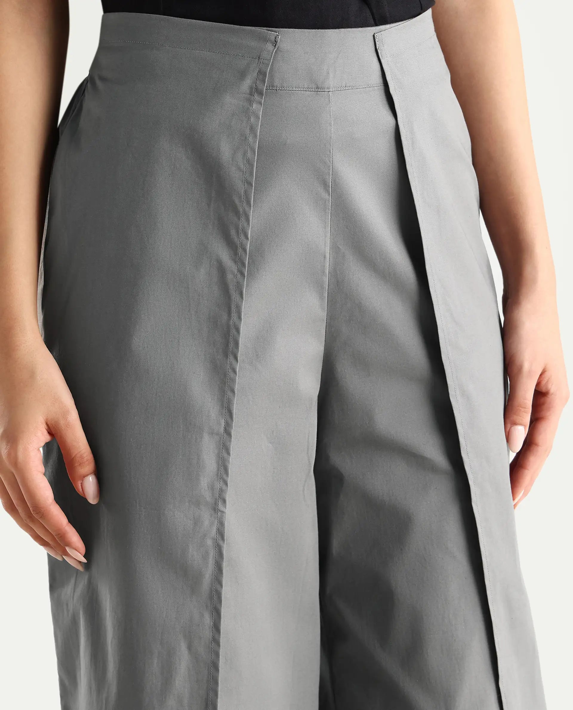 Rareism Women's Oipi Grey Cotton Blend Plain Ankle Length Wide Trouser