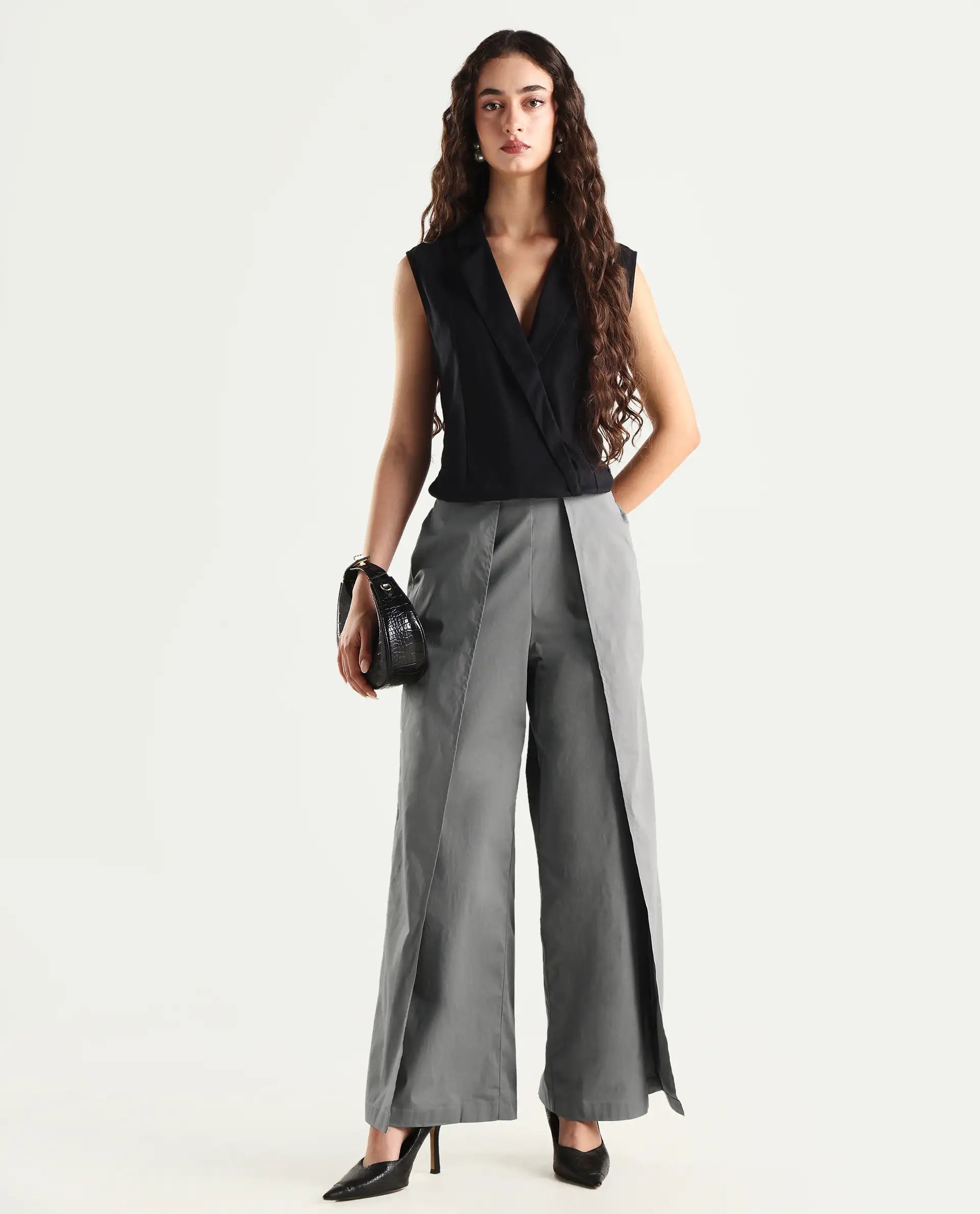 Rareism Women's Oipi Grey Cotton Blend Plain Ankle Length Wide Trouser