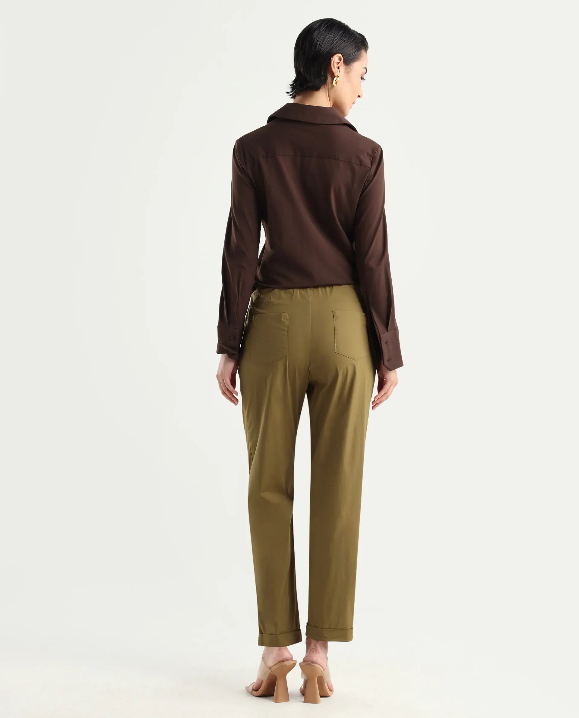 Rareism Women's Ruvz Olive Cotton Blend Plain Ankle Length Straight Fit Trouser