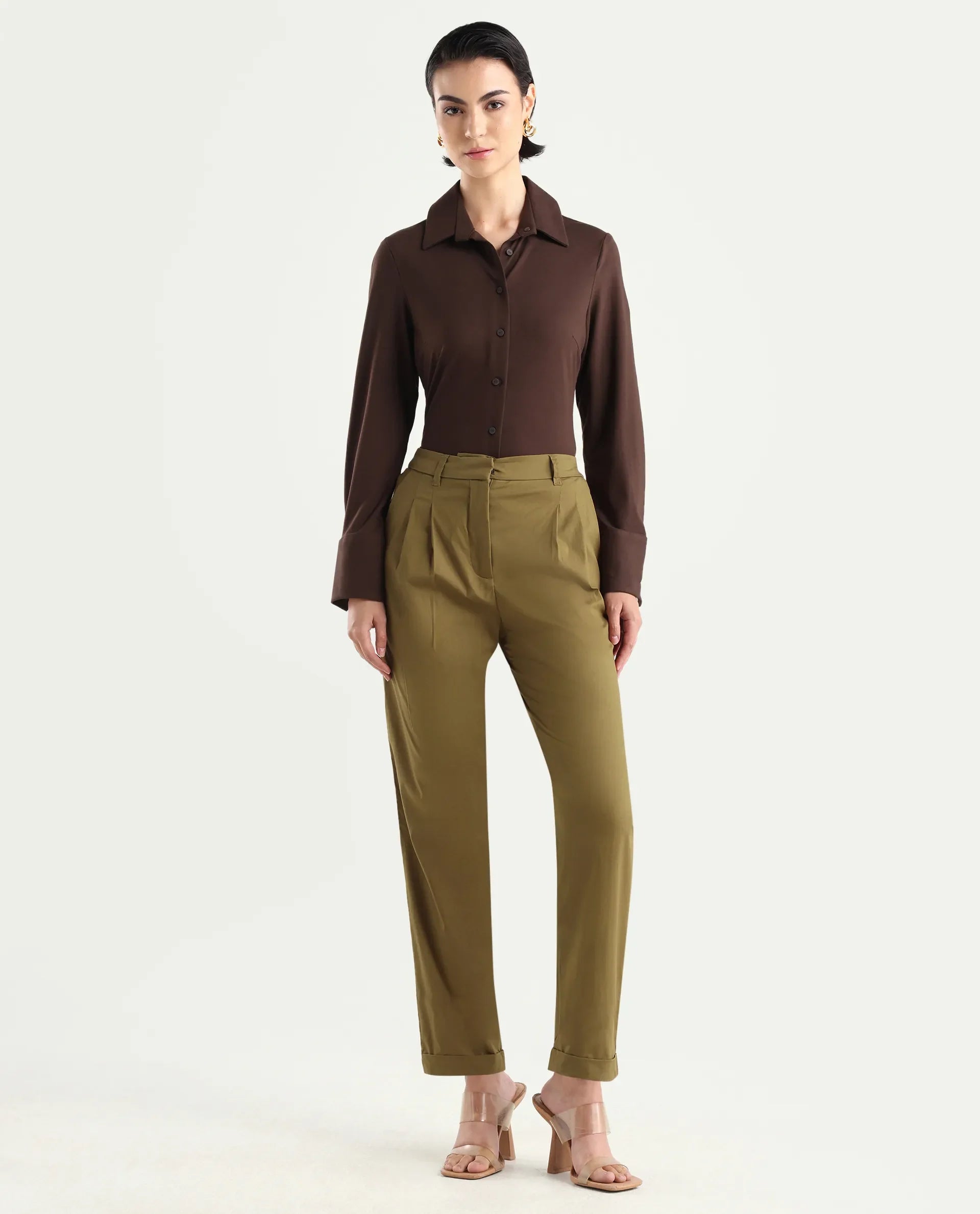 Rareism Women's Ruvz Olive Cotton Blend Plain Ankle Length Straight Fit Trouser