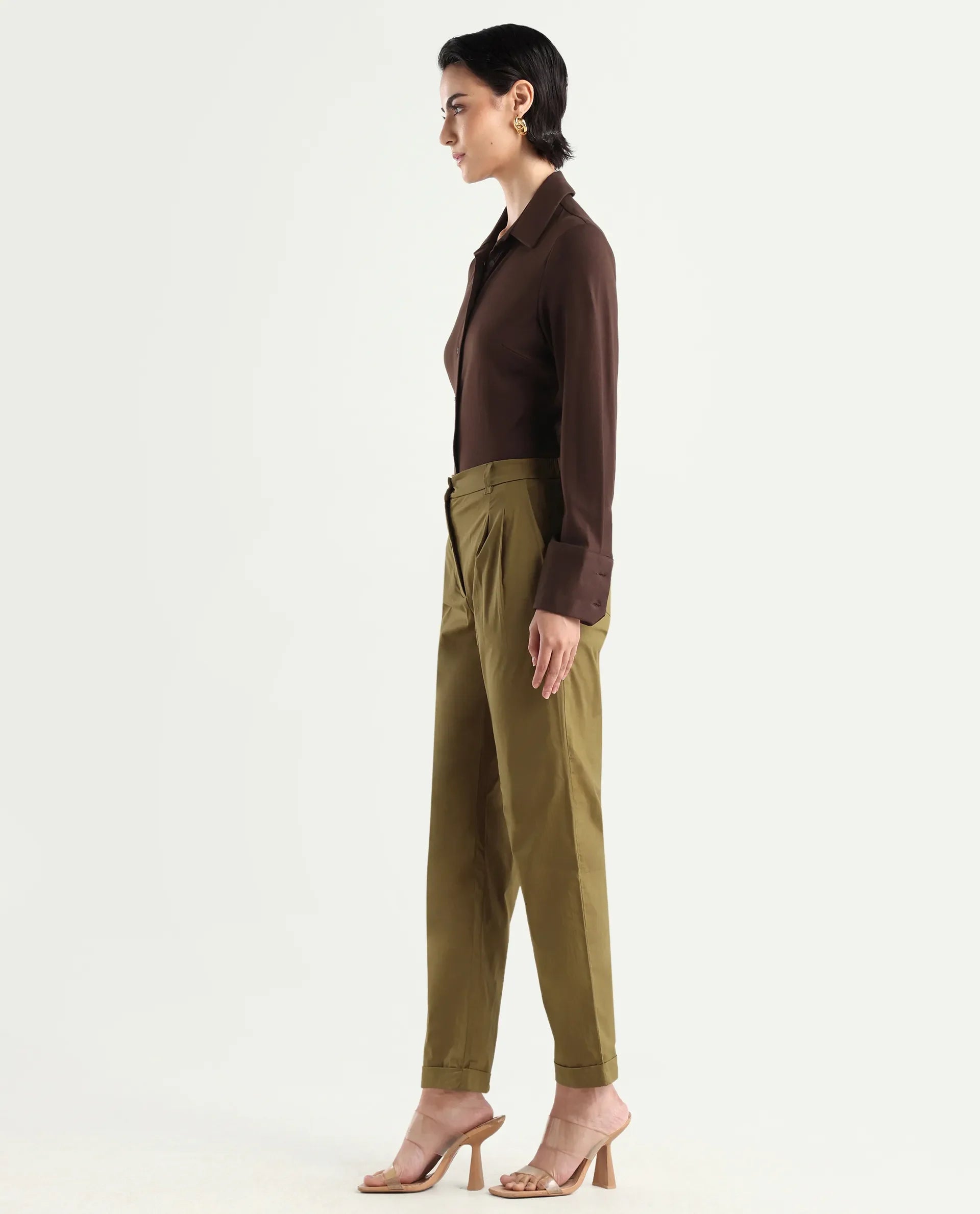 Rareism Women's Ruvz Olive Cotton Blend Plain Ankle Length Straight Fit Trouser