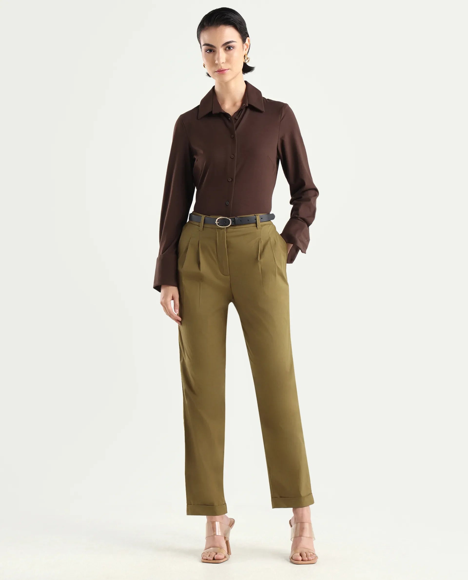 Rareism Women's Ruvz Olive Cotton Blend Plain Ankle Length Straight Fit Trouser