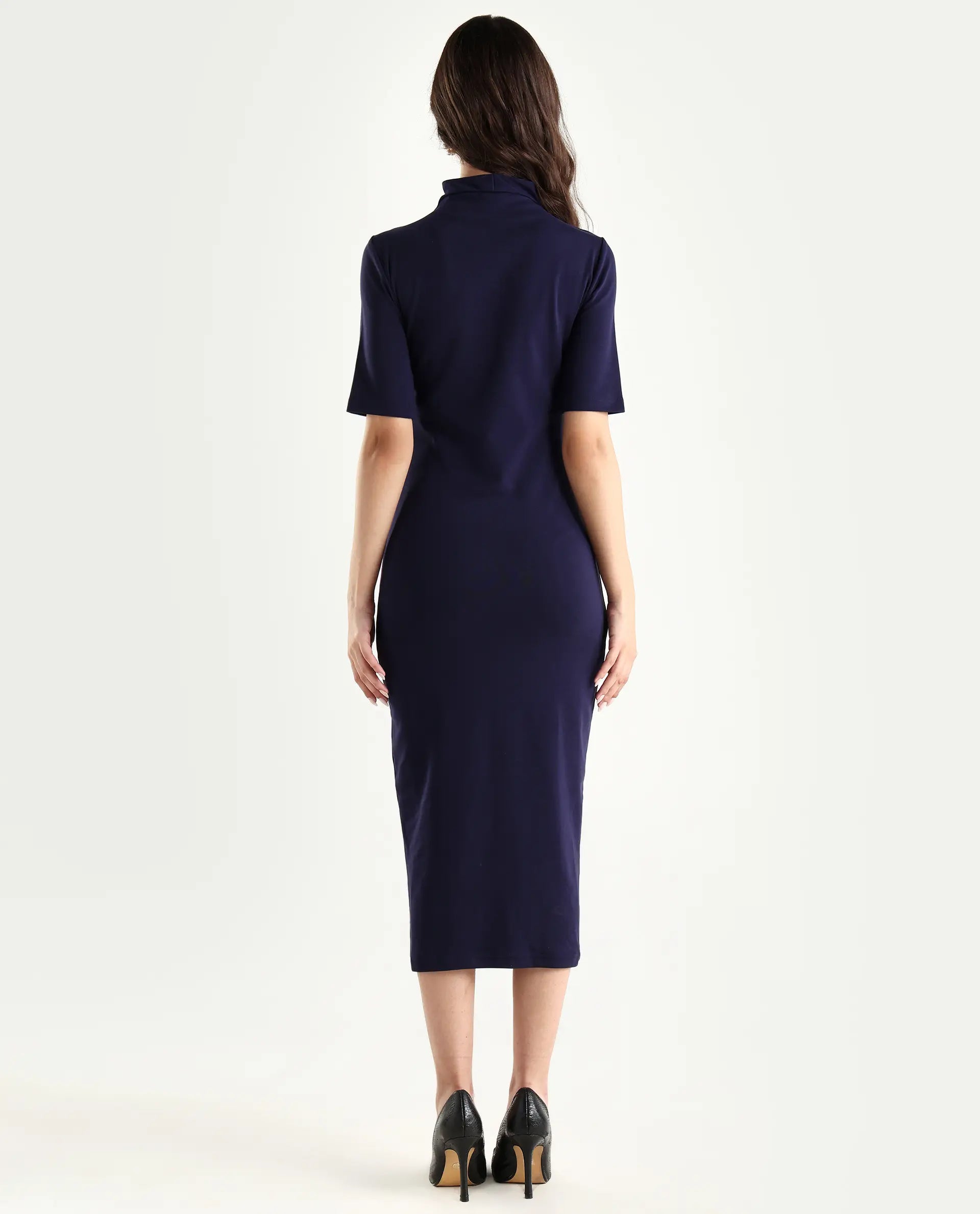 Rareism Women's Rotary Dusky Purple Cotton Blend High Neck Plain Maxi Slim Fit Dress