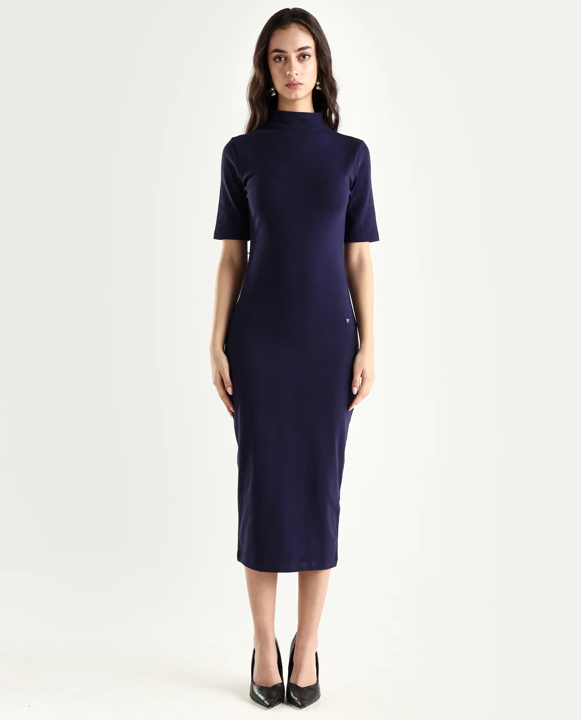 Rareism Women's Rotary Dusky Purple Cotton Blend High Neck Plain Maxi Slim Fit Dress