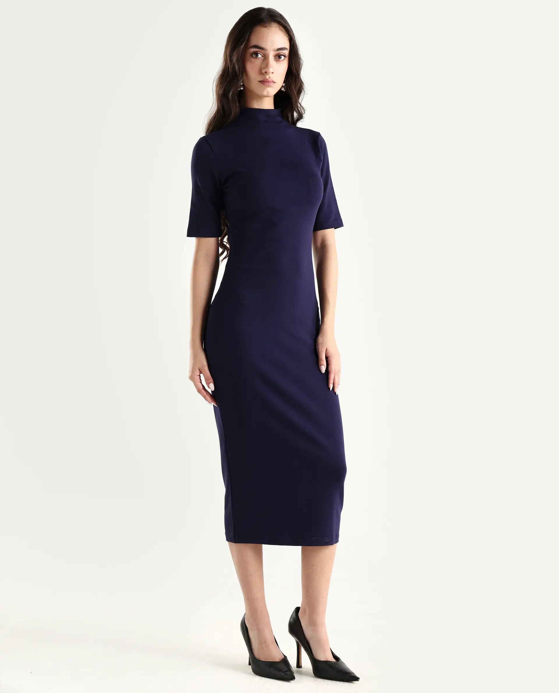 Rareism Women's Rotary Dusky Purple Cotton Blend High Neck Plain Maxi Slim Fit Dress