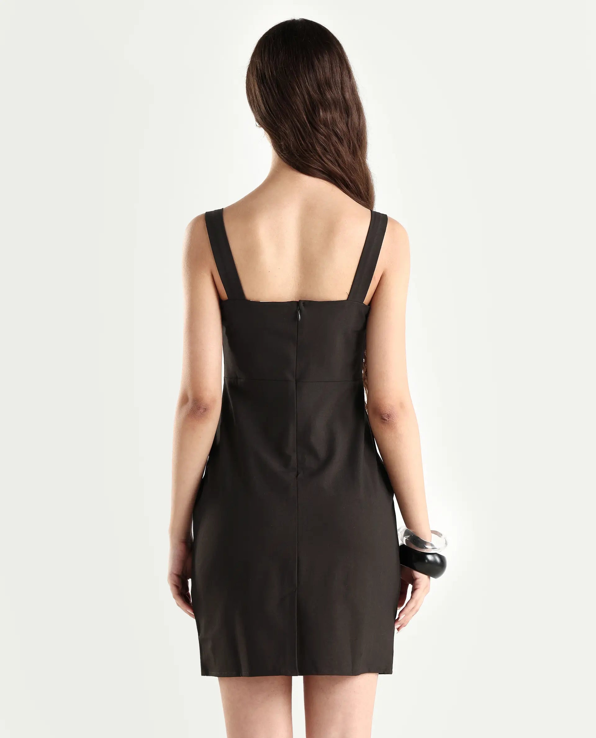 Rareism Women's Canakkale Brown Polyester Blend Sweetheart Neck Plain Sleeveless Mini Straight Fit Dress