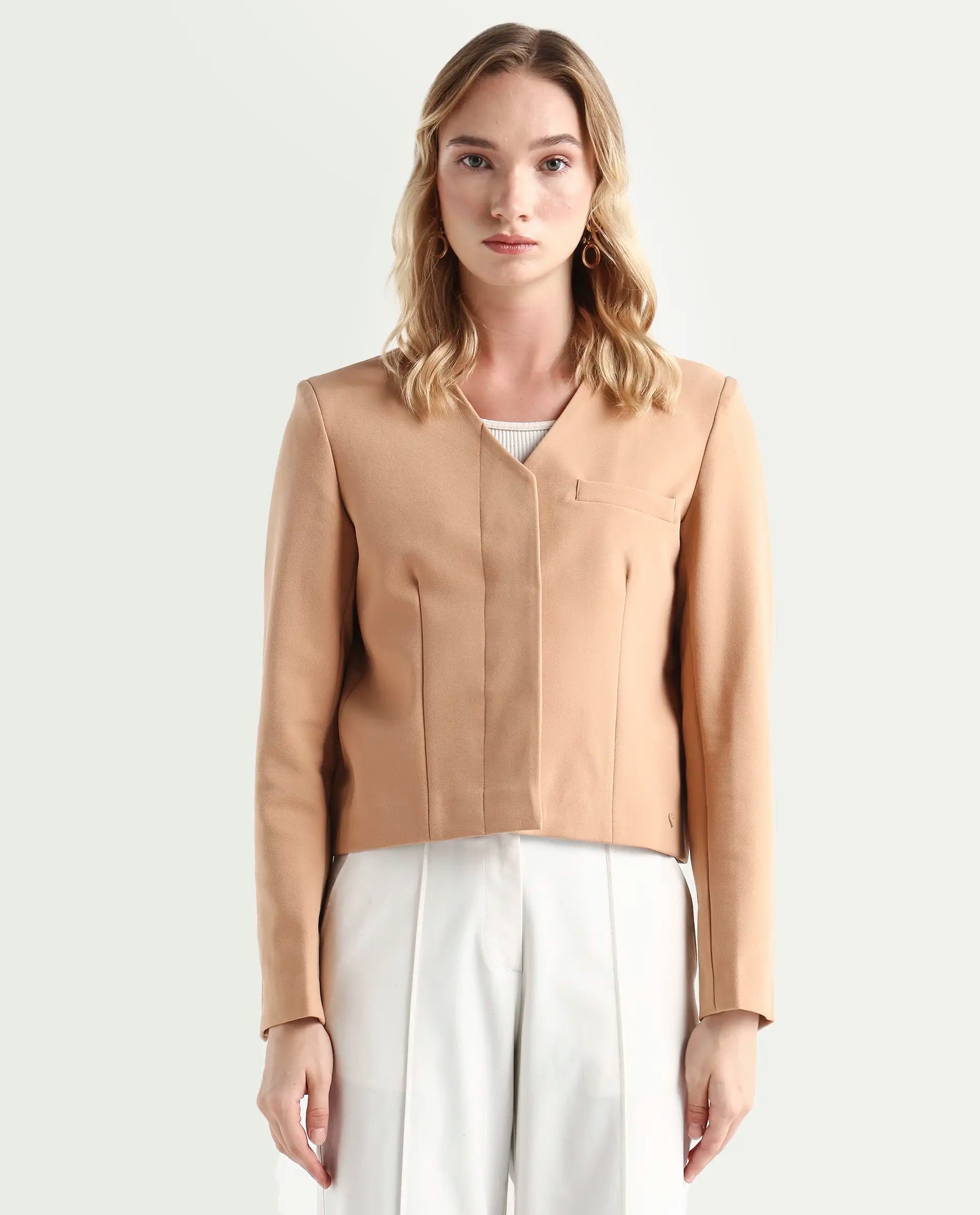 Rareism Women's Castlei Beige V-Neck Plain Regular Fit Jacket