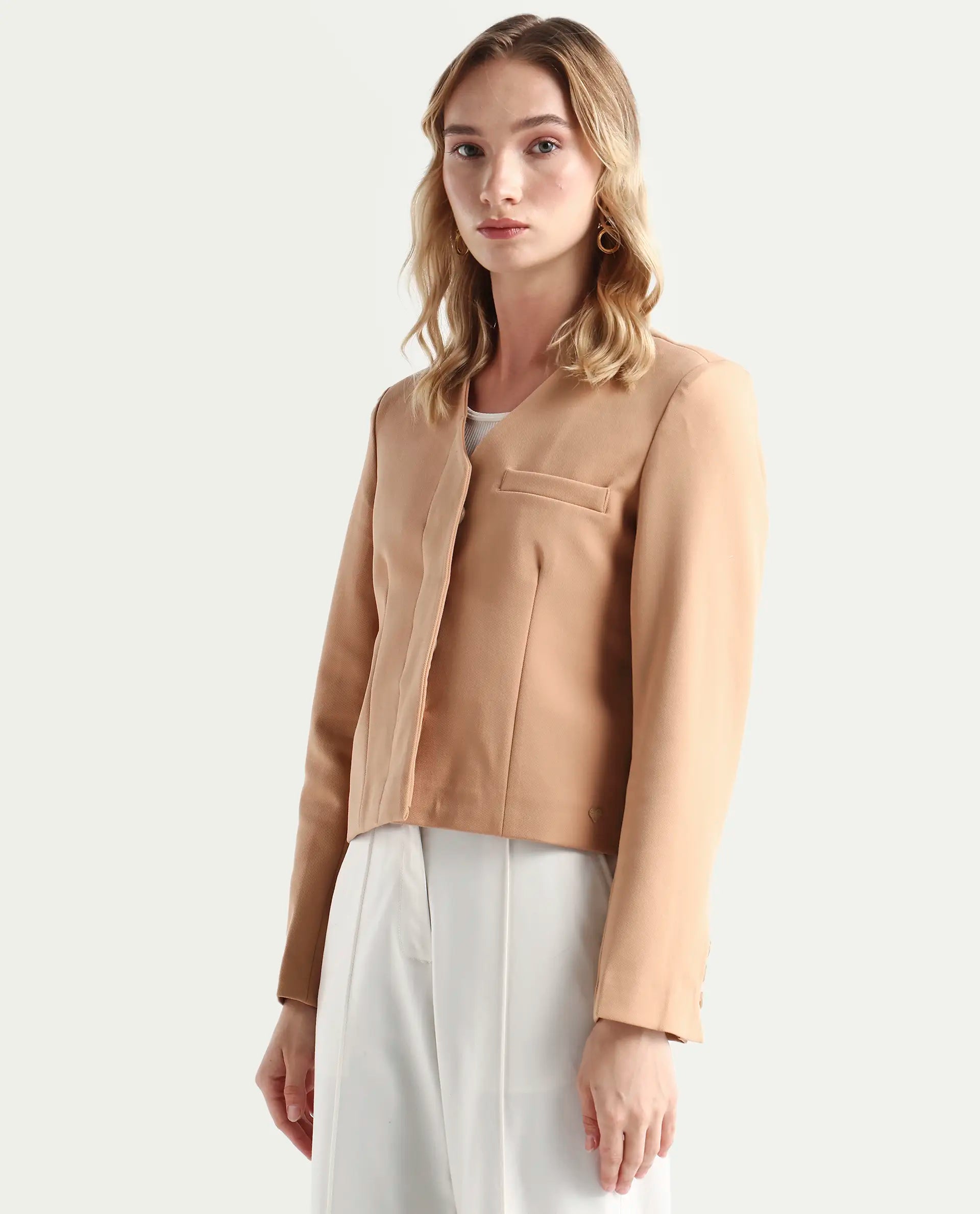 Rareism Women's Castlei Beige V-Neck Plain Regular Fit Jacket