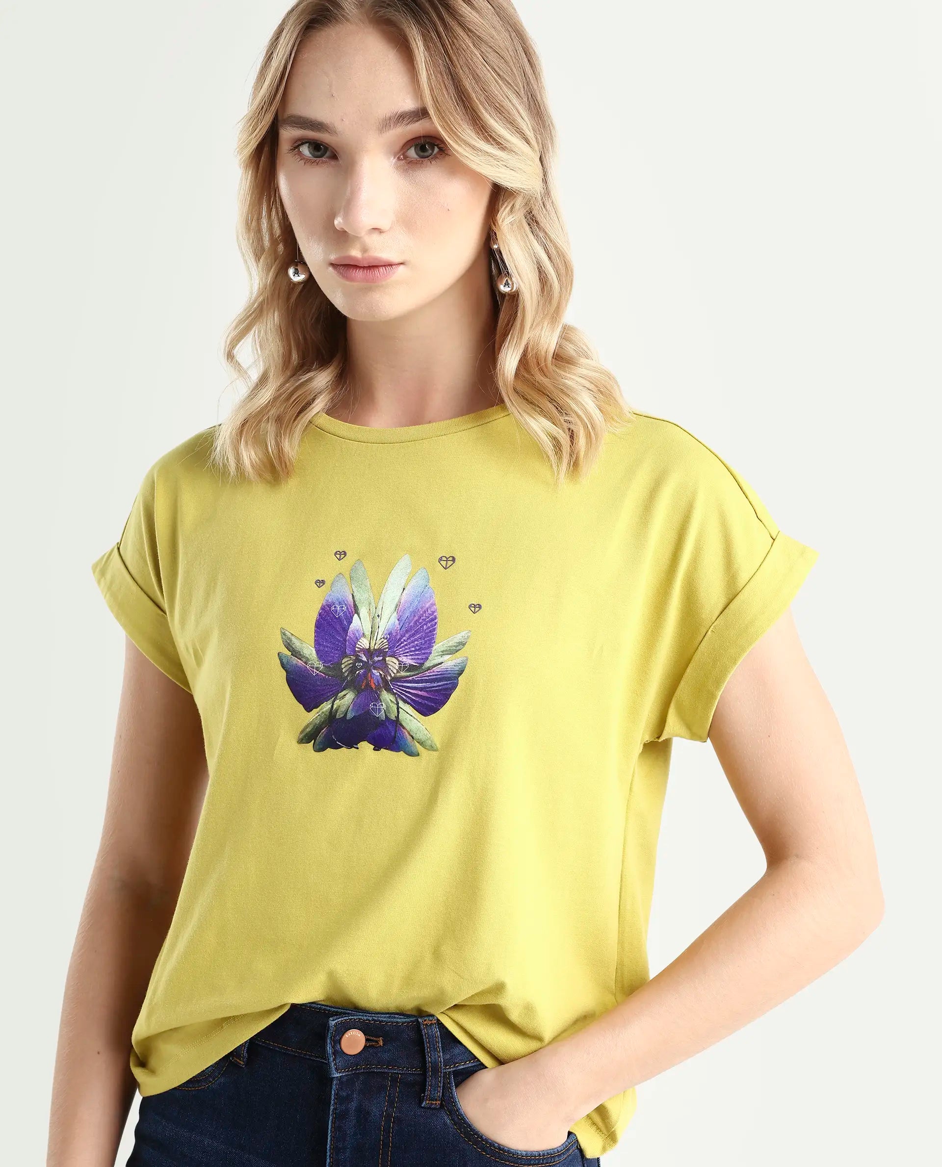 Rareism Women's Lefo Flouroscent Green Cotton Blend Crew Neck Graphic Print Extended Sleeves Relaxed Fit T-Shirt