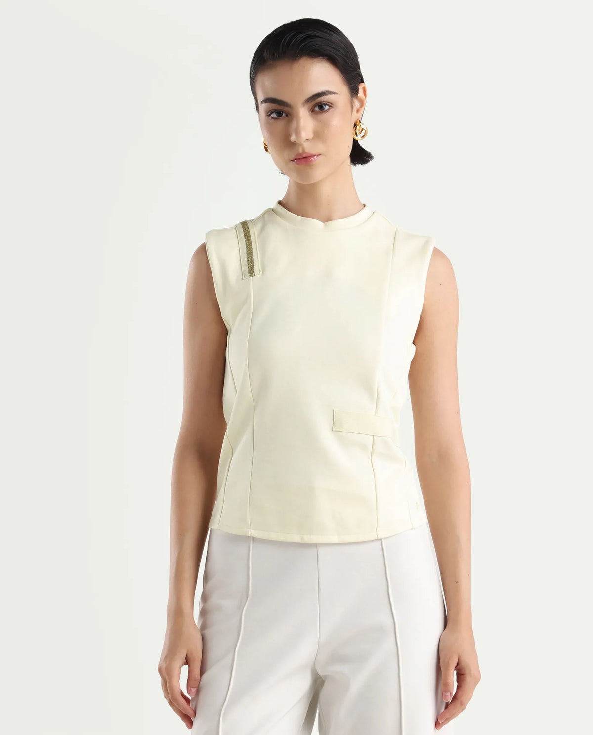 Rareism Women's Aytat Off White Cotton High Neck Plain Sleeveless Slim Fit Top
