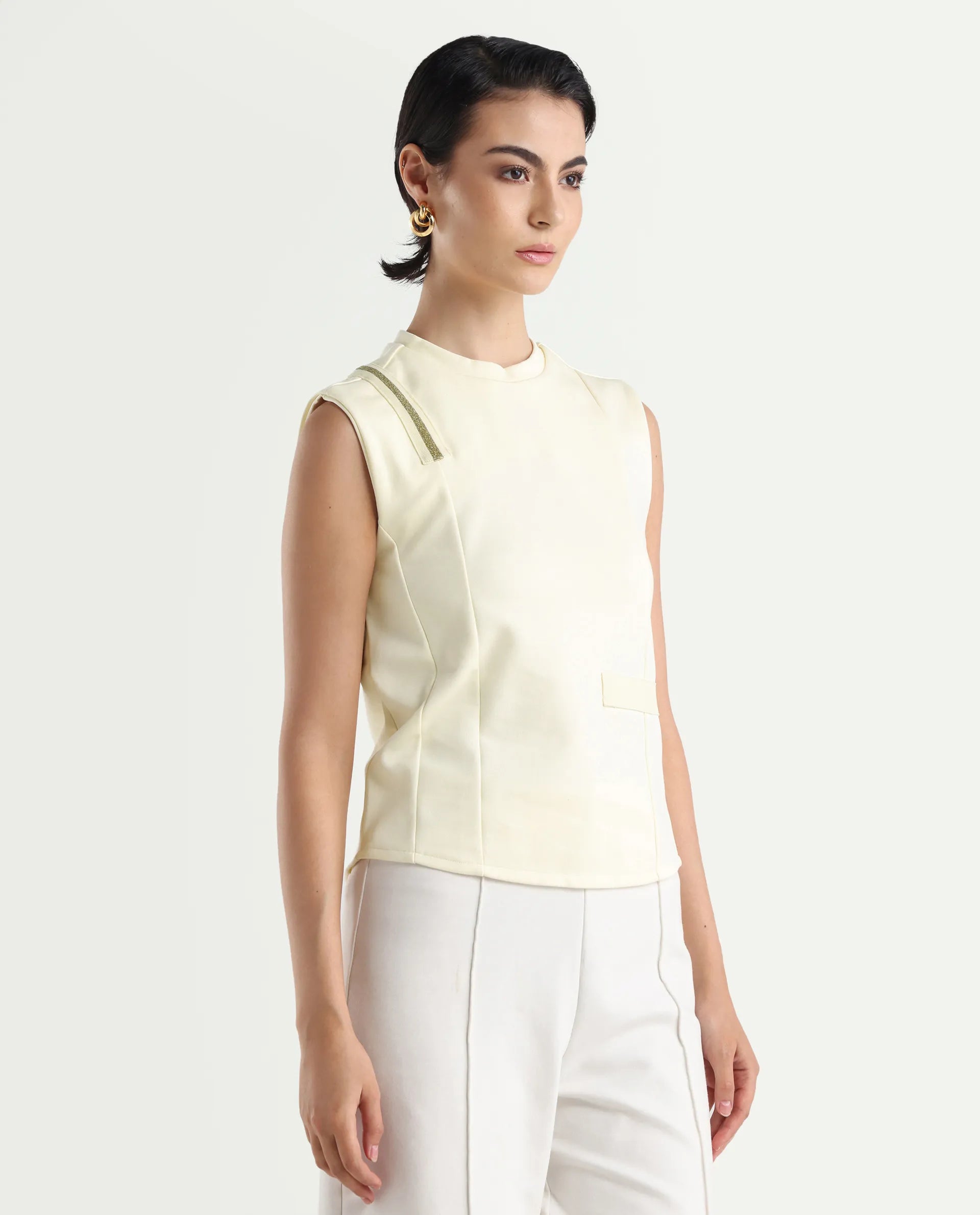 Rareism Women's Aytat Off White Cotton High Neck Plain Sleeveless Slim Fit Top