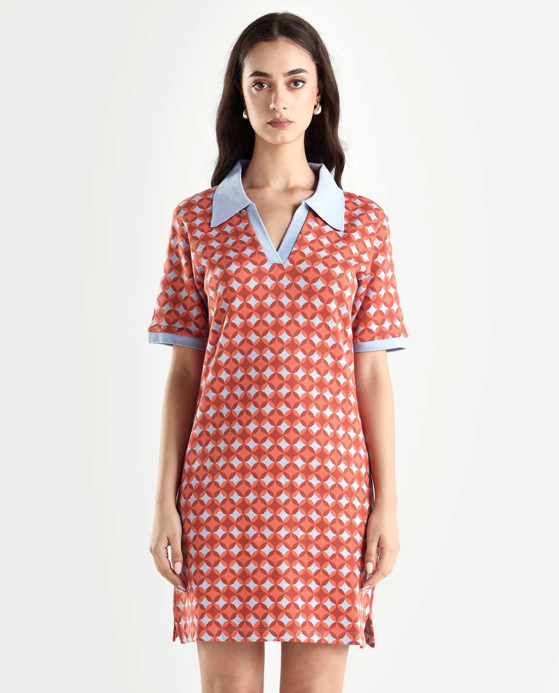 Rareism Women's Orri Multi Cotton Ribbed Collar Geometric Print Midi Relaxed Fit Dress