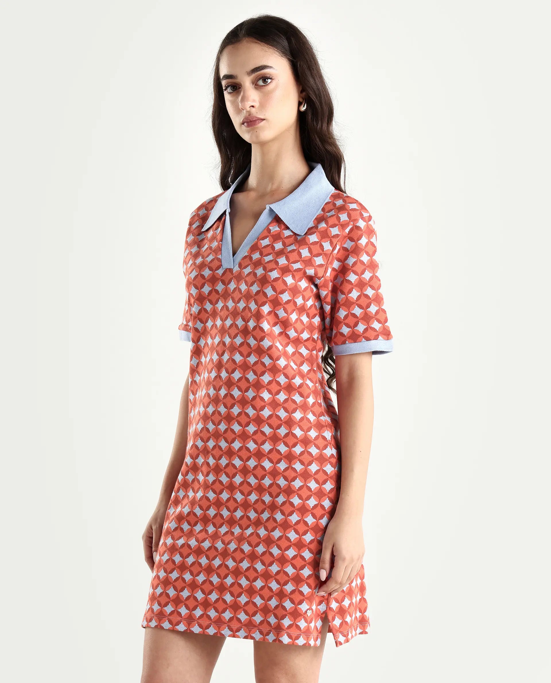 Rareism Women's Orri Multi Cotton Ribbed Collar Geometric Print Midi Relaxed Fit Dress