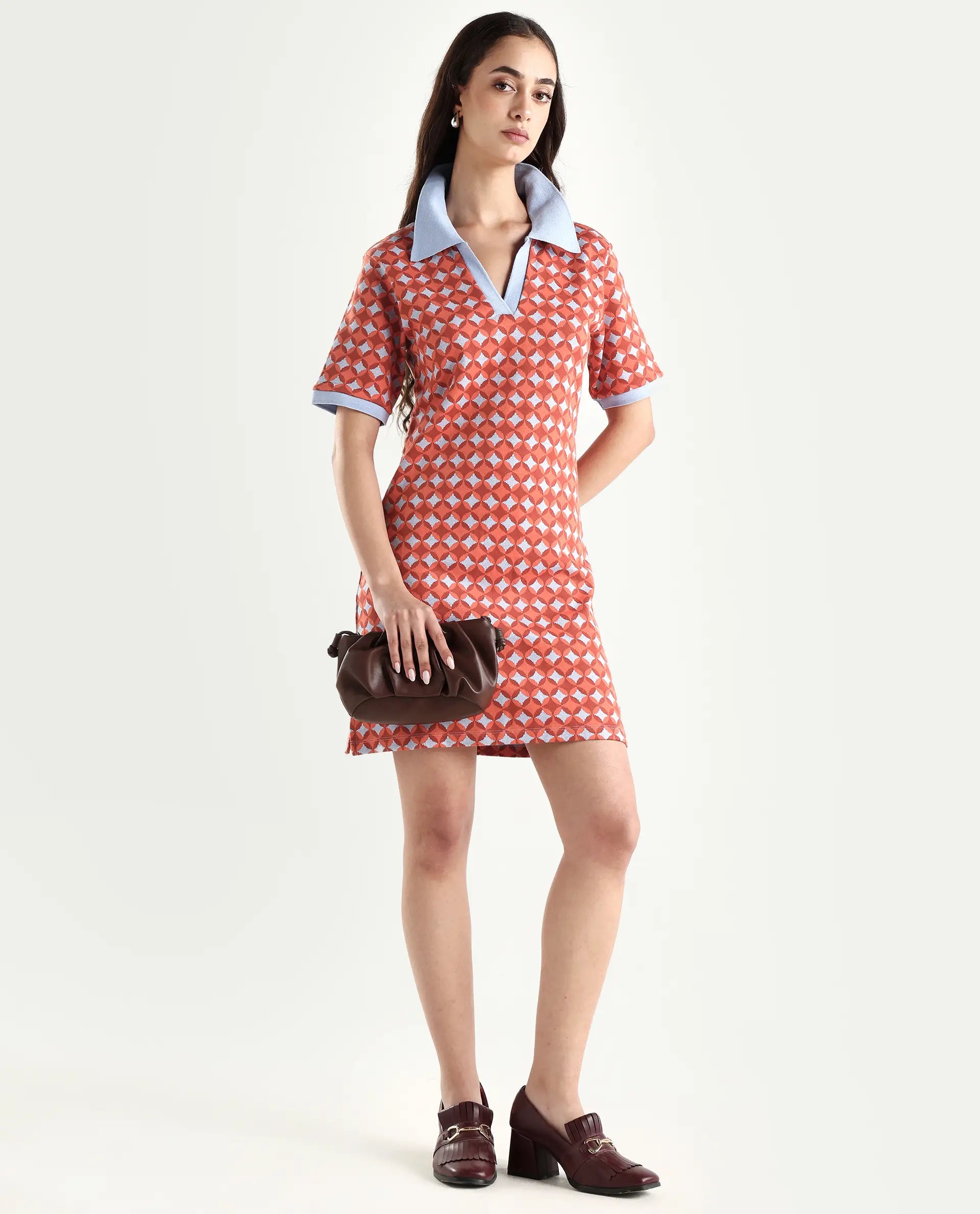 Rareism Women's Orri Multi Cotton Ribbed Collar Geometric Print Midi Relaxed Fit Dress