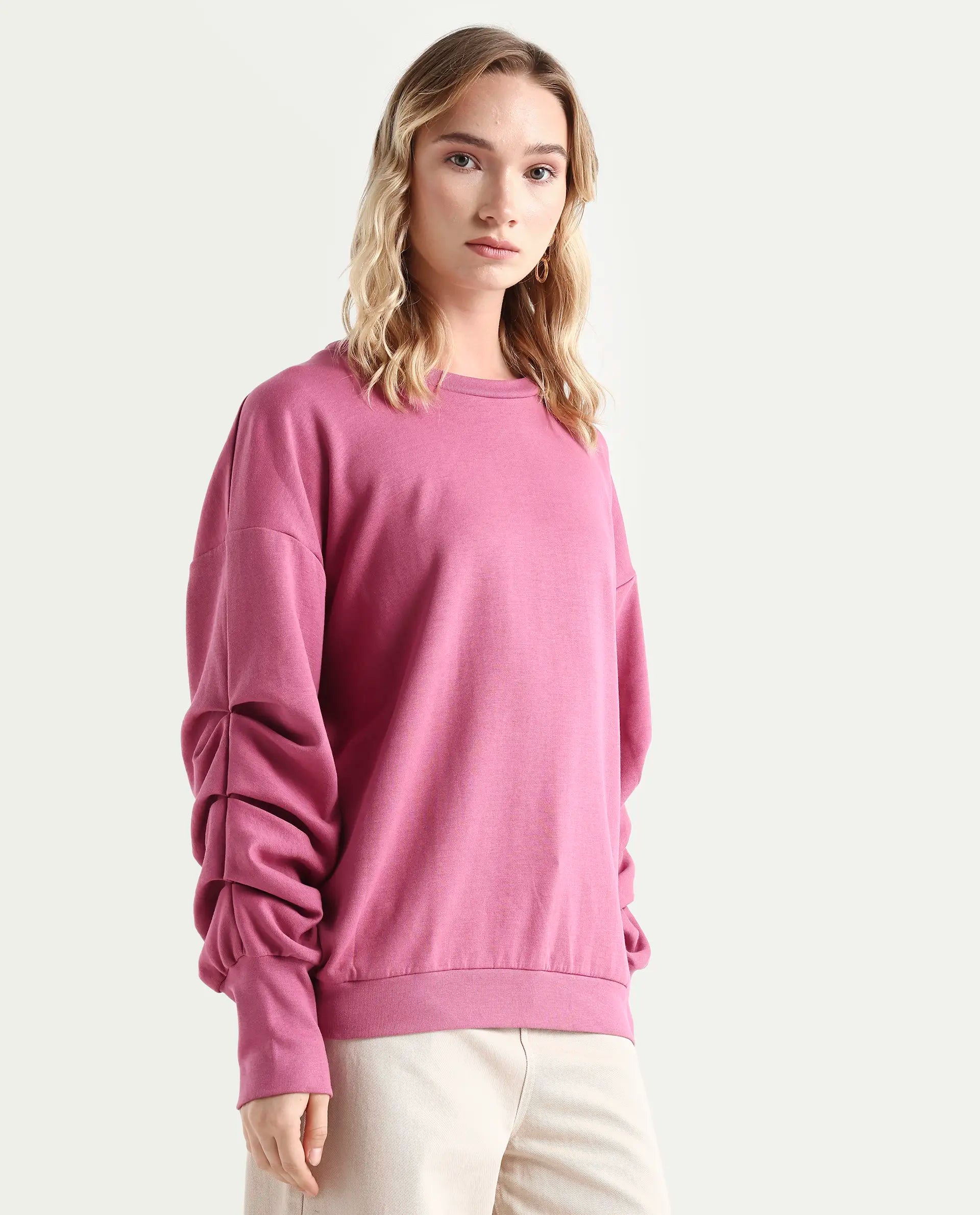 Rareism Women's Ruch Dark Pink Cotton Blend Crew Neck Plain Hip Length Relaxed Fit Sweatshirt