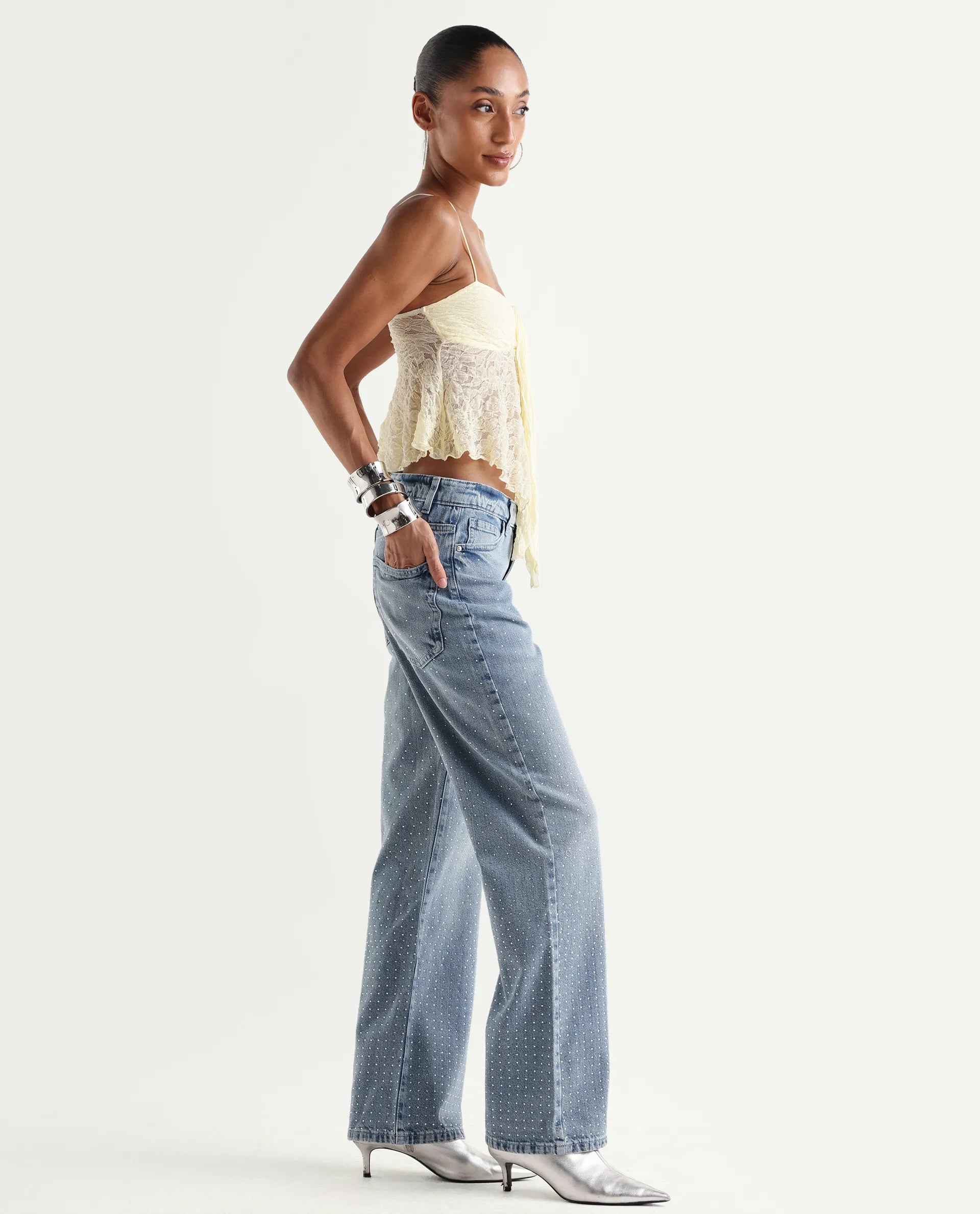 Rareism Women's Study Blue Cotton Blend Plain Ankle Length Smart Straight Fit Jeans
