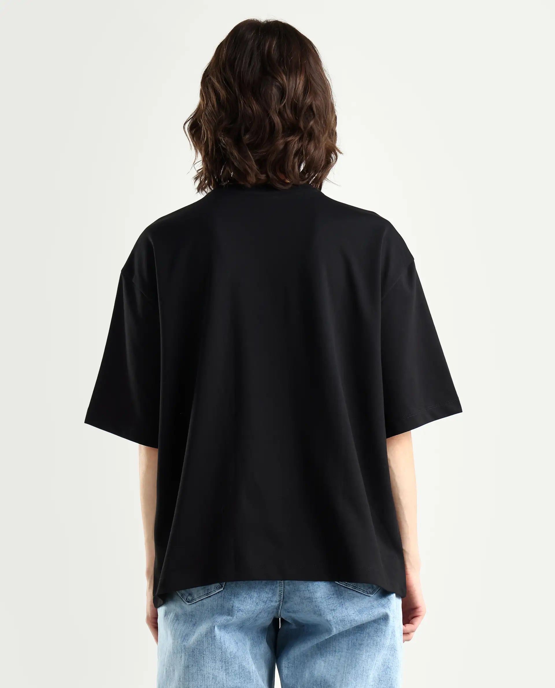 Rareism Women's Grail Black Cotton Blend Crew Neck Graphic Print Oversized T-Shirt